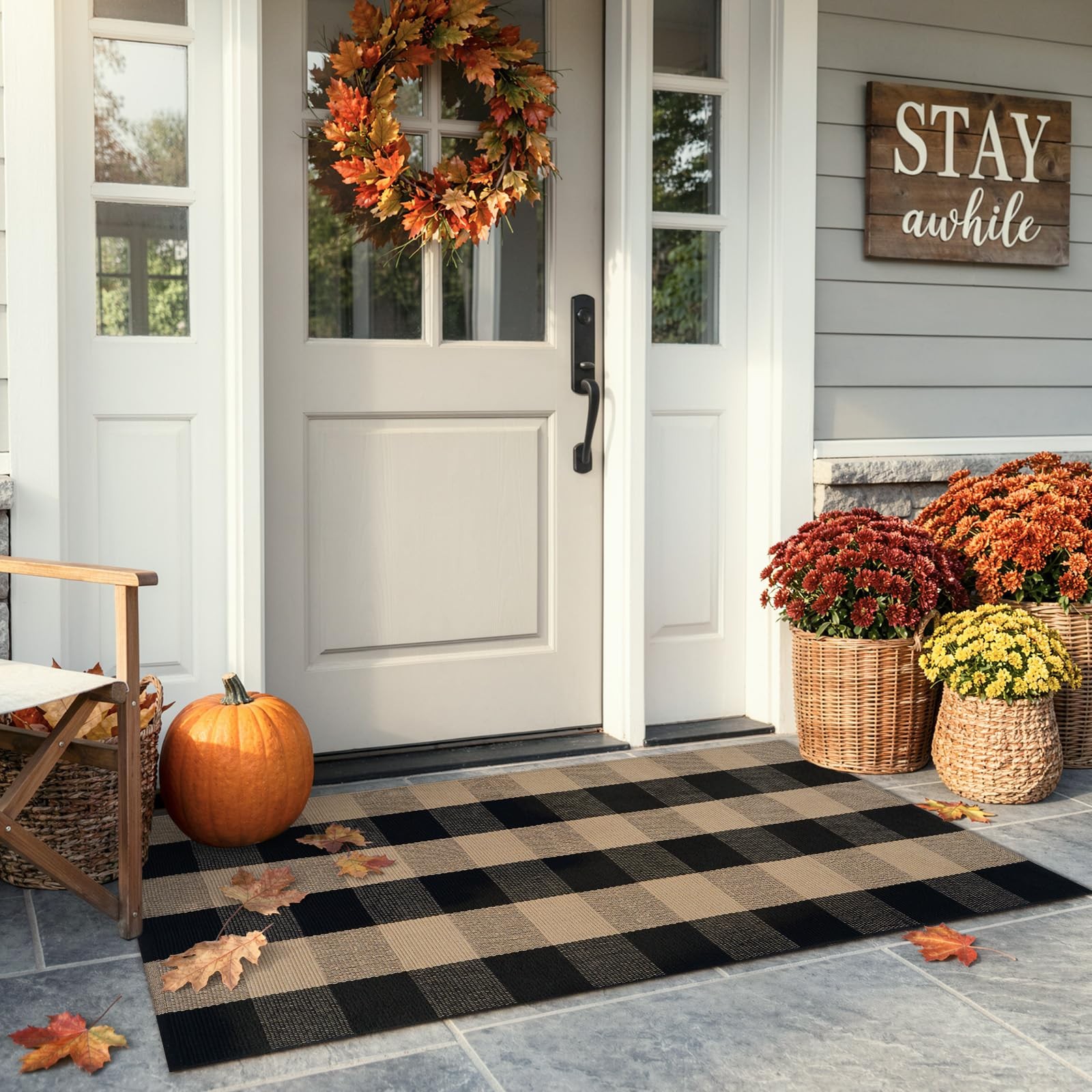 LEEVAN Buffalo Plaid Outdoor Door Mat, Washable Checkered Layering Rug