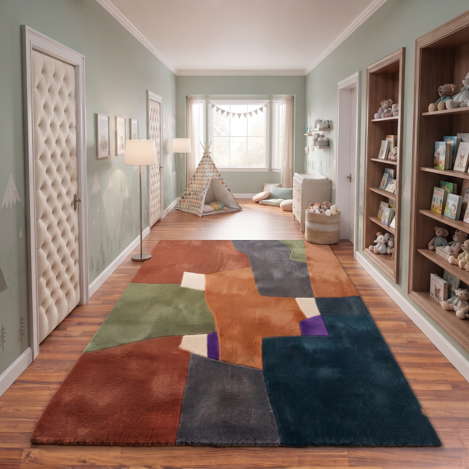 Modern Abstract Geometric Area Rug, Hand Tufted Wool Colorful Living Room Carpet