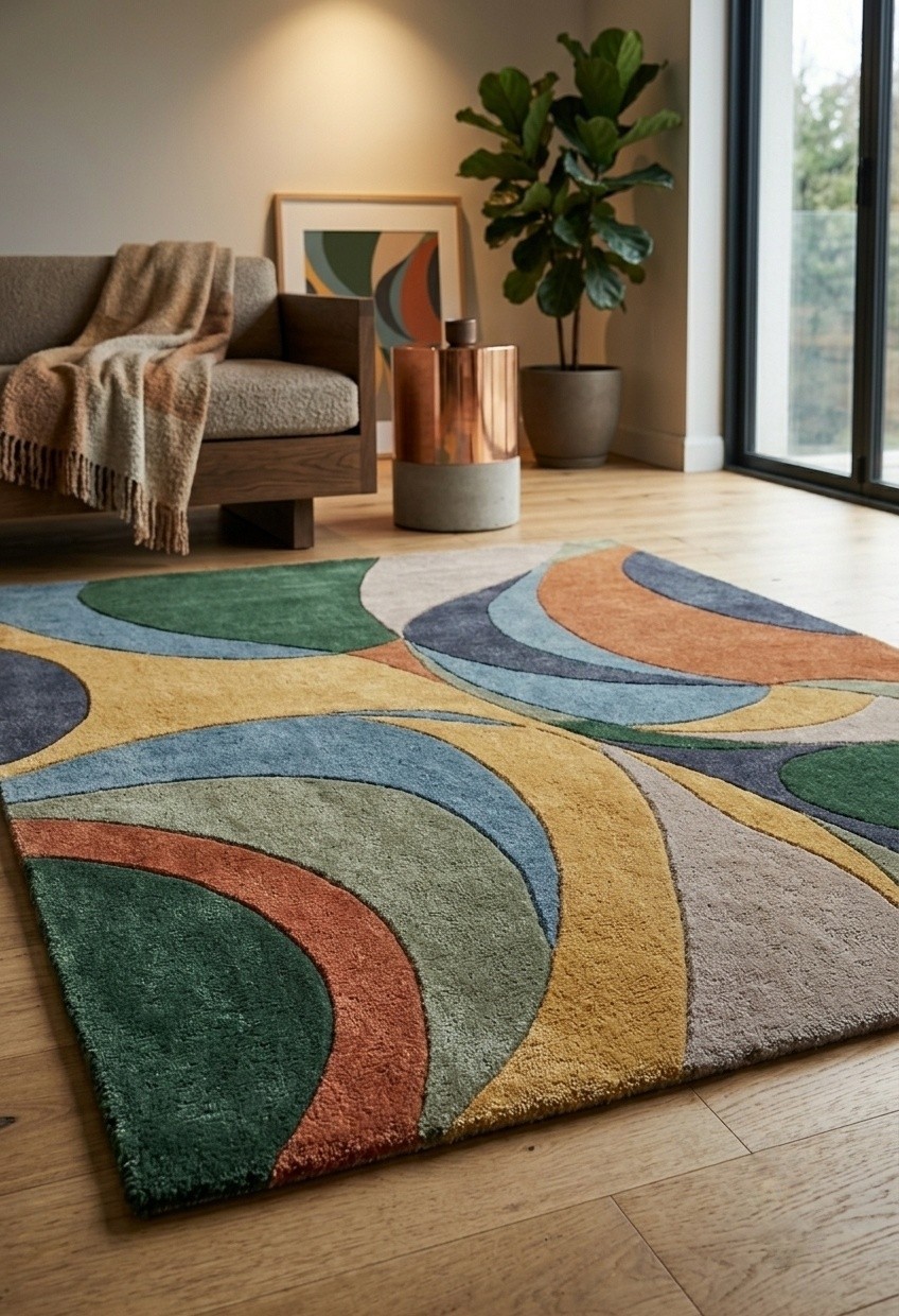 Modern Abstract Hand Tufted Wool Area Rug Green Rust Blue Beige Custom Rug