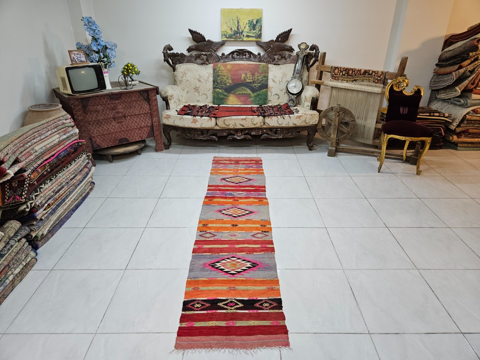 Handmade Wool Turkish 1.8 x 7.9 ft Kilim Runner Rug with Diamond Tribal Motifs