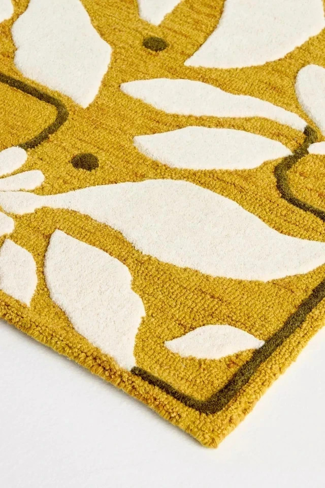 Hand Tufted Wool Floral Area Rug Mustard Yellow White Modern Botanical Carpet