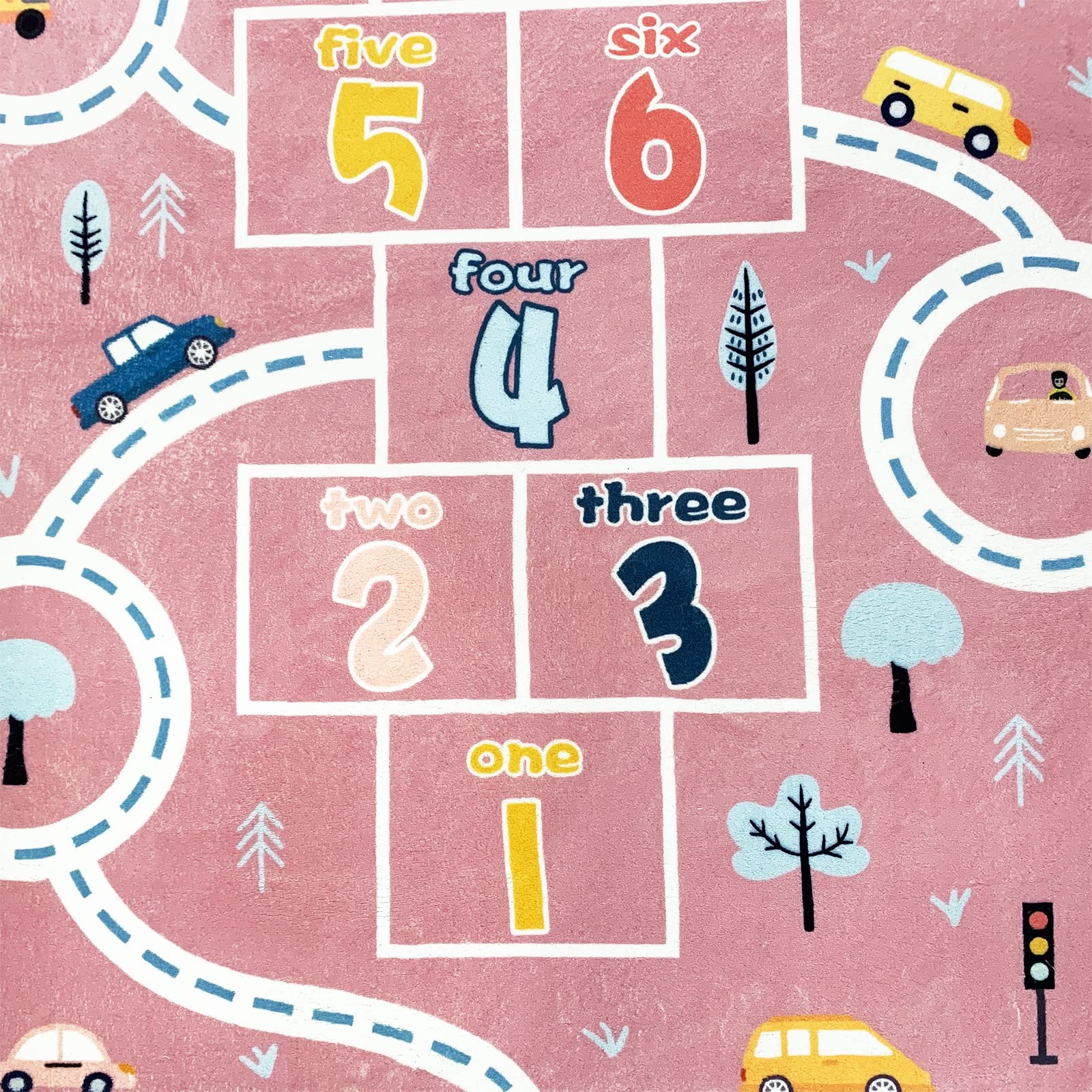Kids Play Mat Hopscotch Car Area Rug 5.2×7.9ft Pink – Soft Educational Learning