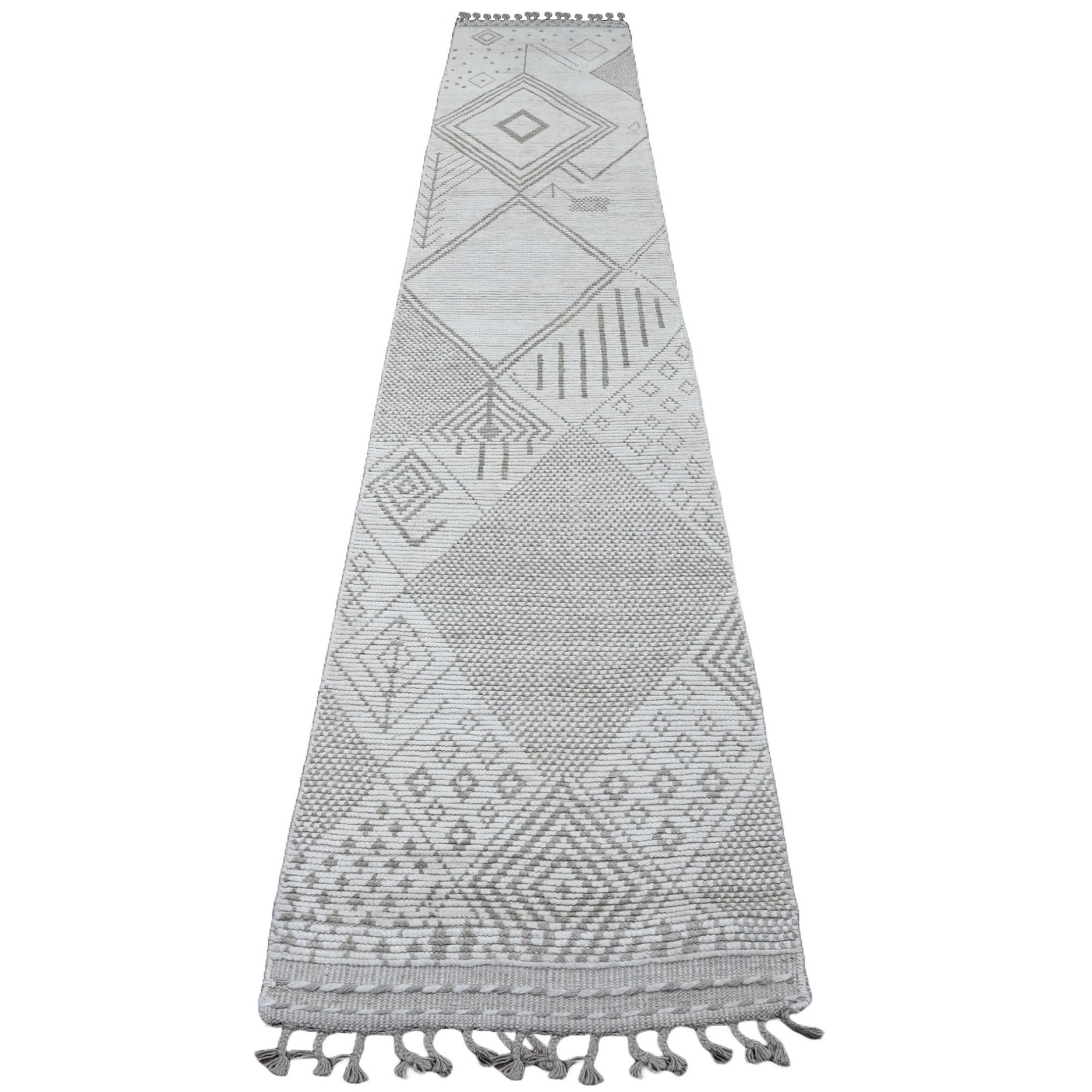 2’5″ x 14’3″ White Geometric Moroccan Weave Hand Knotted Wool Runner Rug R20617
