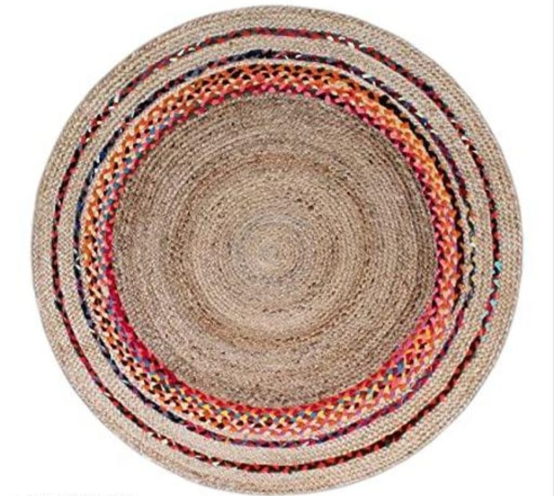 Handwoven Natural Fibres, Braided Reversible Jute and Cotton Round Rug Carpet
