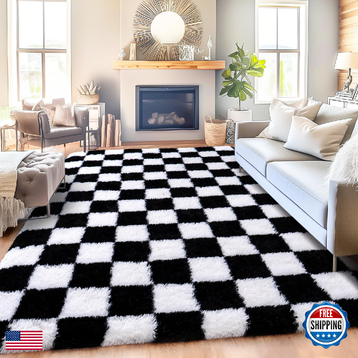 Quntue Checkered Rug For Living Room 8X10 Ultra Fluffy Fuzzy Shag Black And