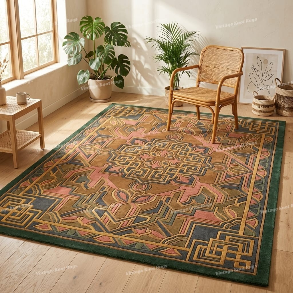 Art Deco Green Hand Tufted Wool Area Rug 8×10 Geometric Handmade Modern Rug