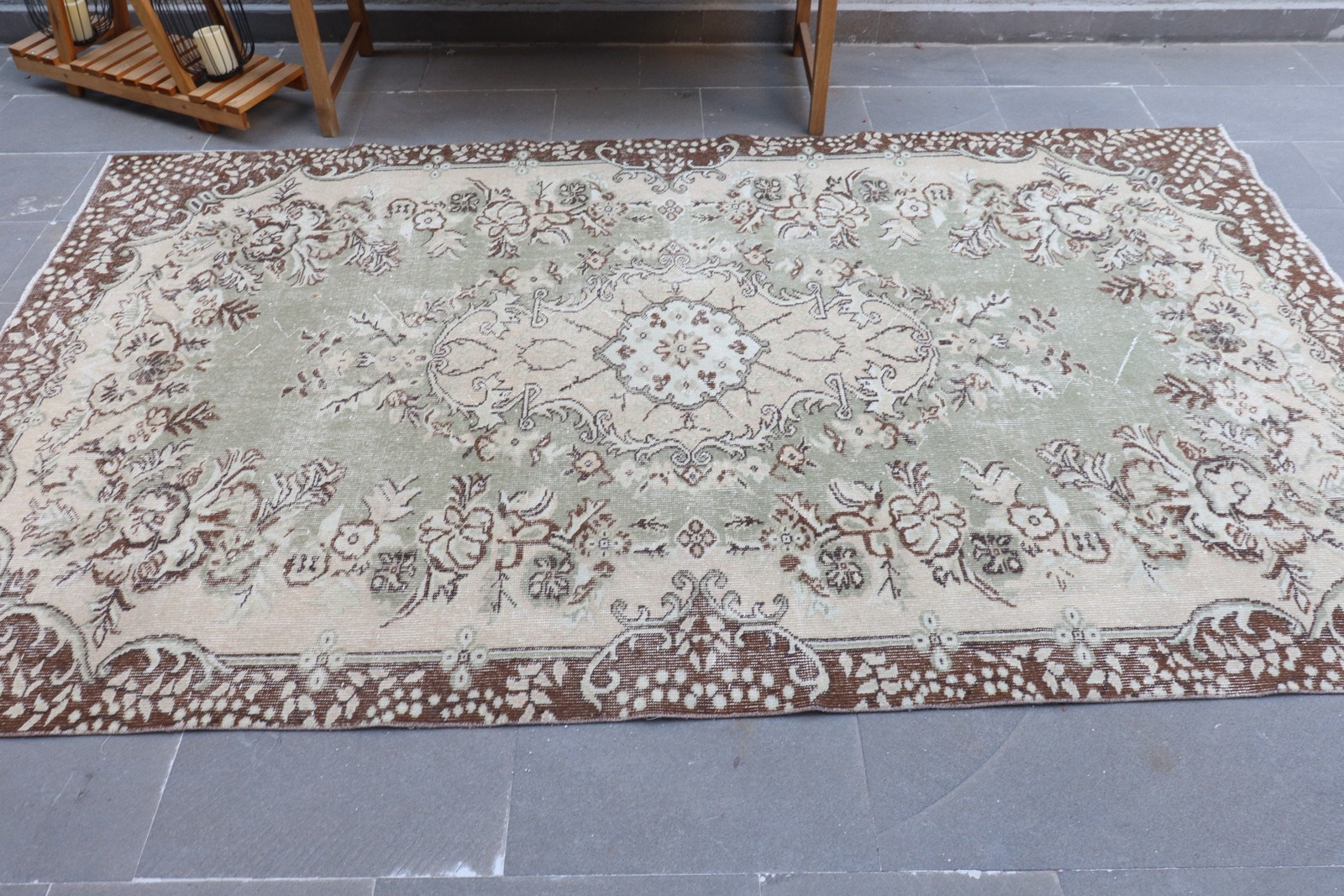 5,2×8,8 ft Large Vintage Rug, Turkish Rug, Brown White Floral Wool Rug