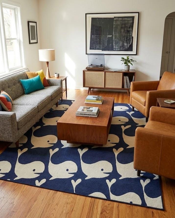 Hand Tufted Whale Area Rug – Navy Blue Ocean Animal Wool Rug