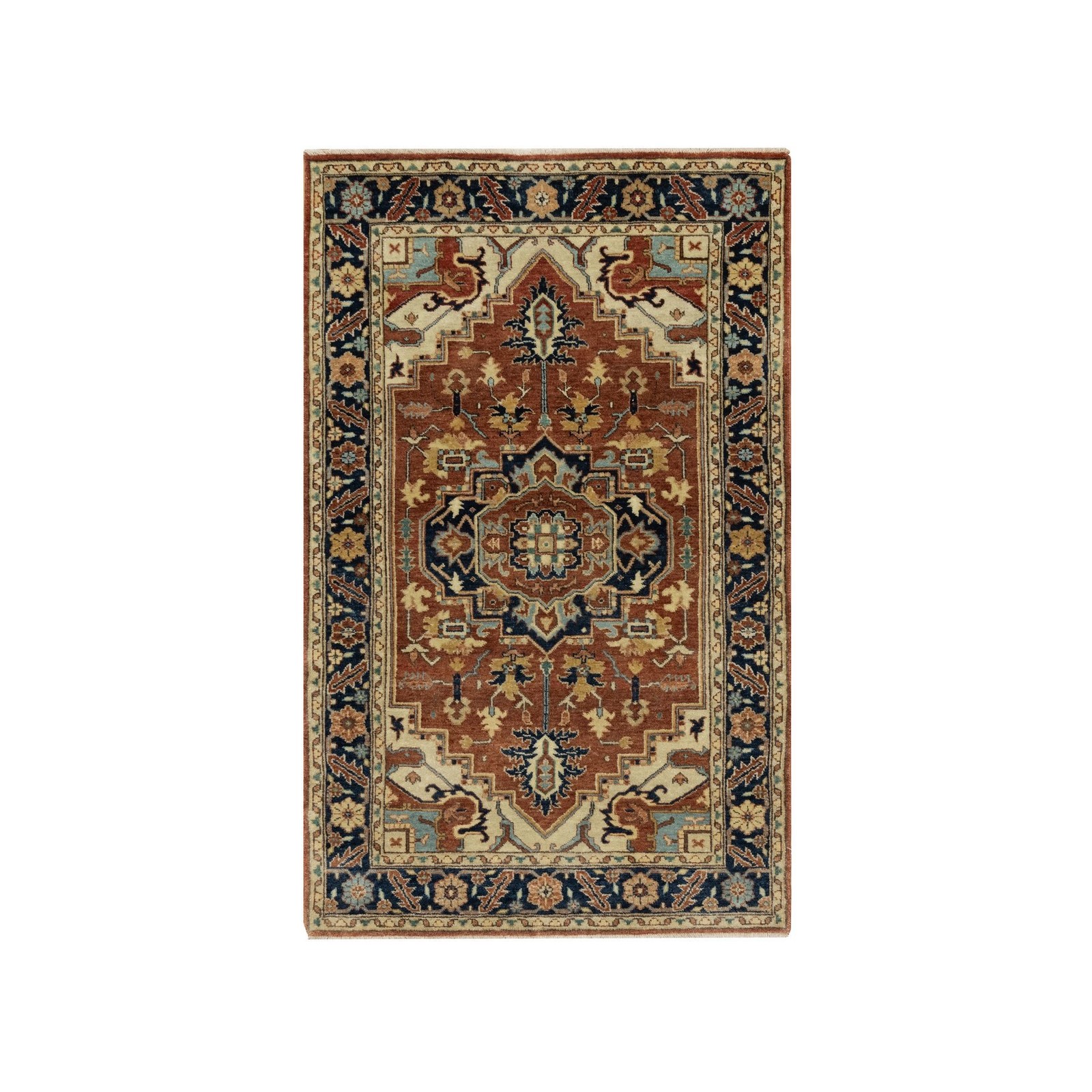 3’1″x5’2″ Red Antiqued Fine Heriz Re-Creation New Zealand Wool Hand Knotted Rug