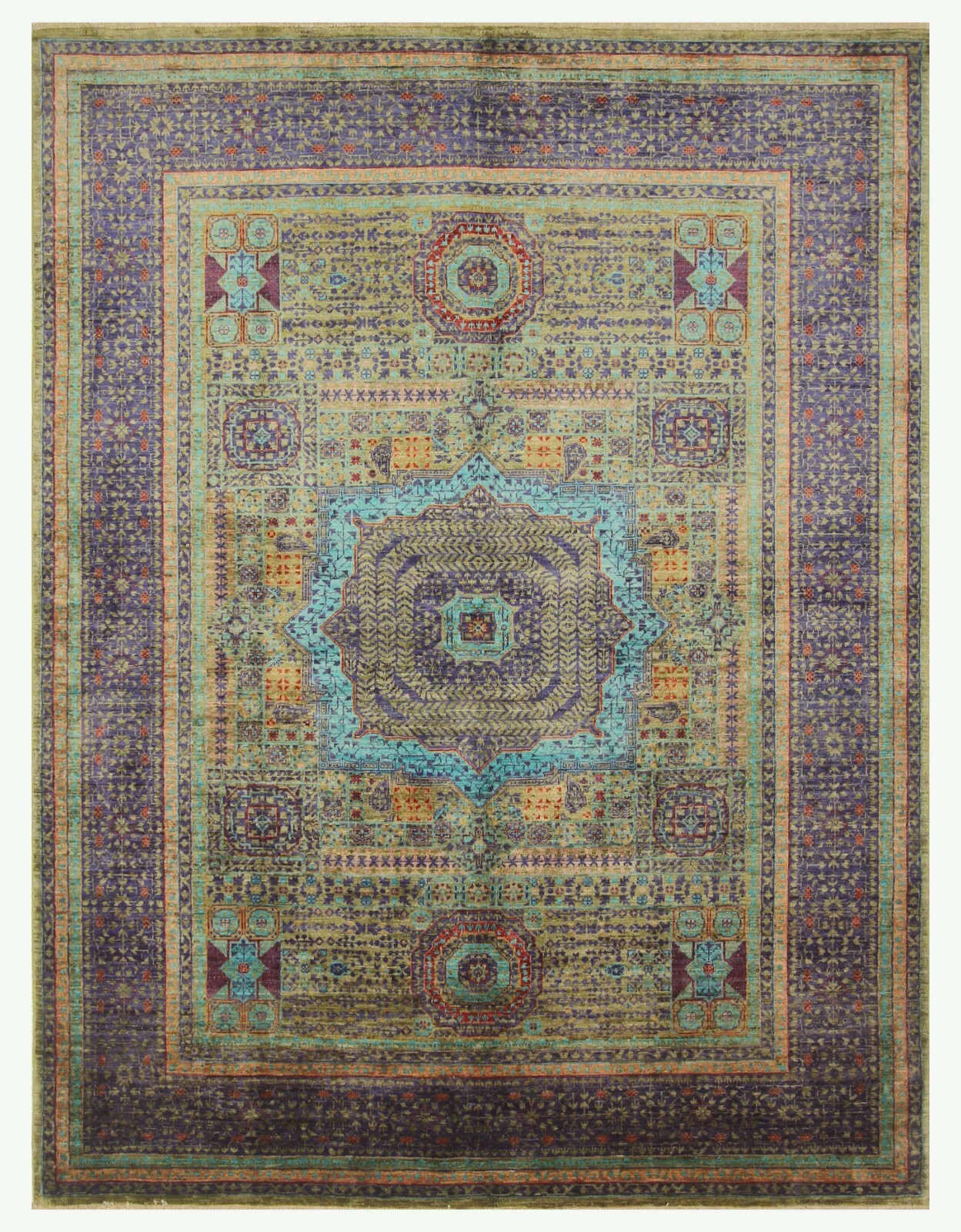 6×8 ft Green Mamluk Afghan Hand Knotted Veg dyes Wool Medallion Rug