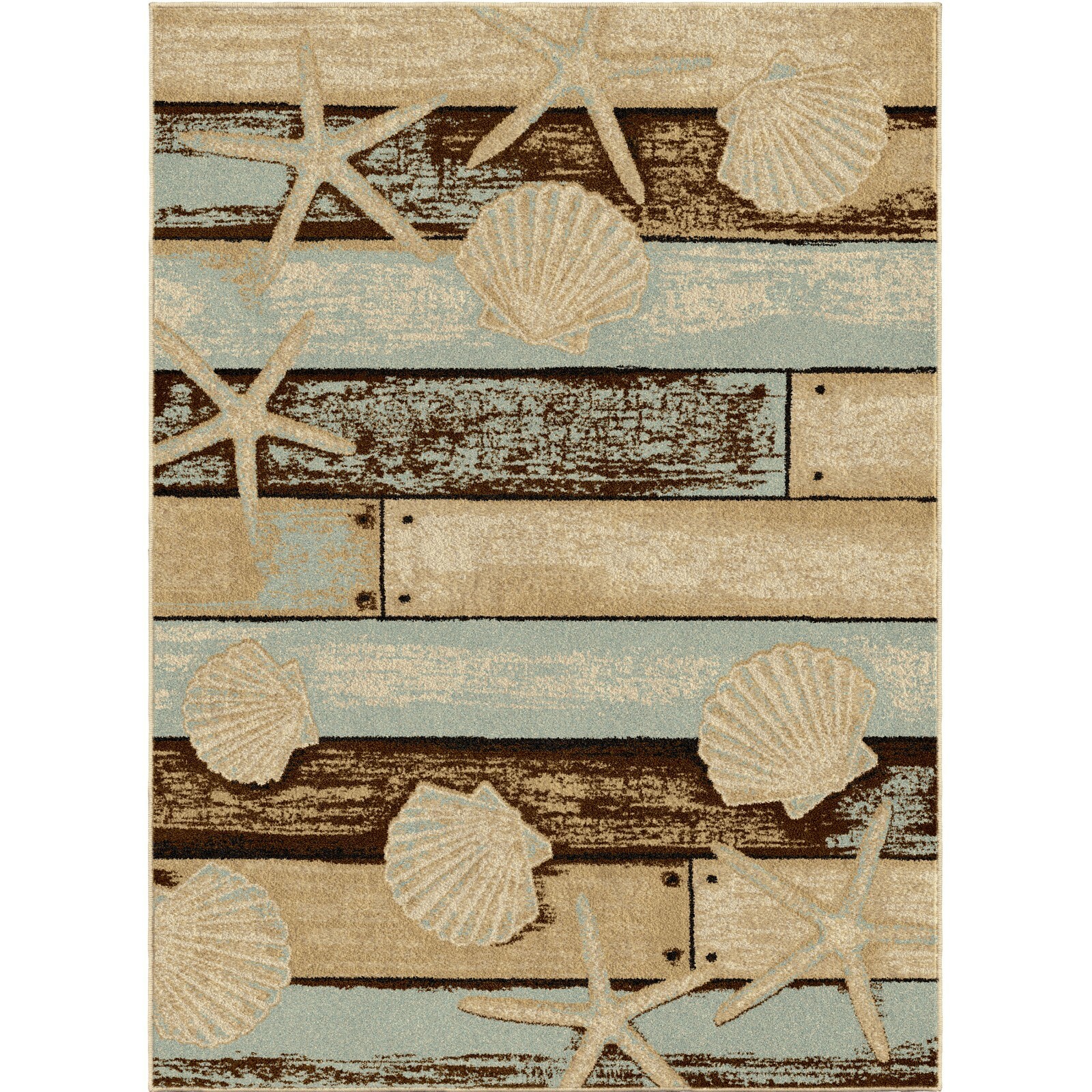 Sea Life Area Rug Runner Nautical Beach Coastal Blue Beige Shell Seashell Sand