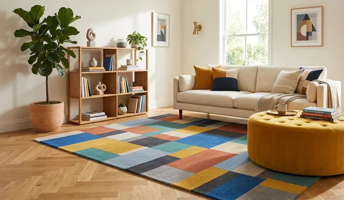 Hand Tufted New Zealand Wool Rug, Colorful Geometric Modern Abstract Area Rug.