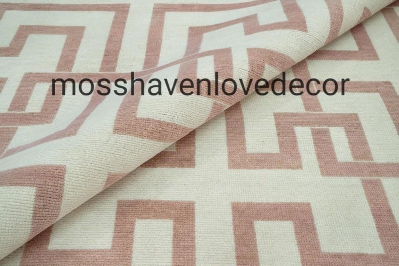 Hand Knotted Blush Pink Ivory Geometric Rug | Modern Wool Area Rug | Custom Size