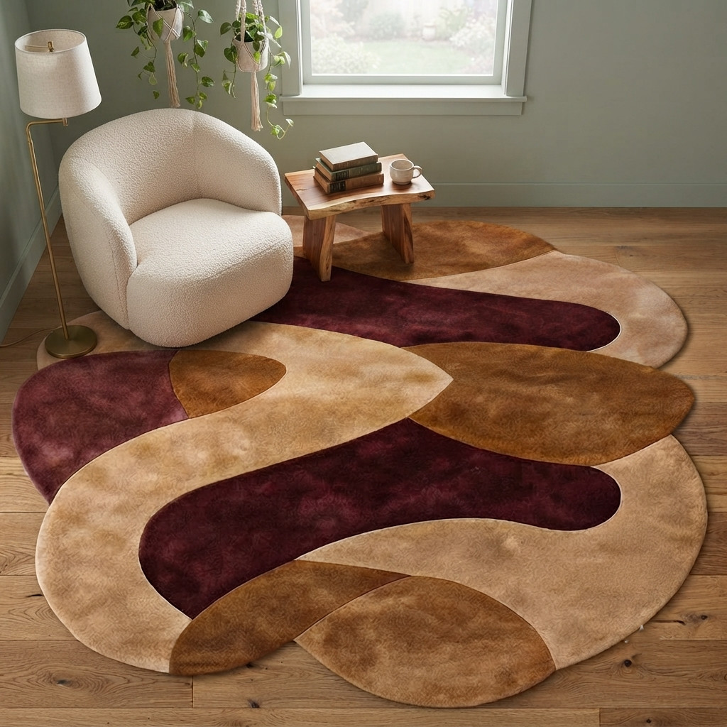 Hand Tufted Abstract Irregular Wool Rug Burgundy Beige Modern Living Room Carpet