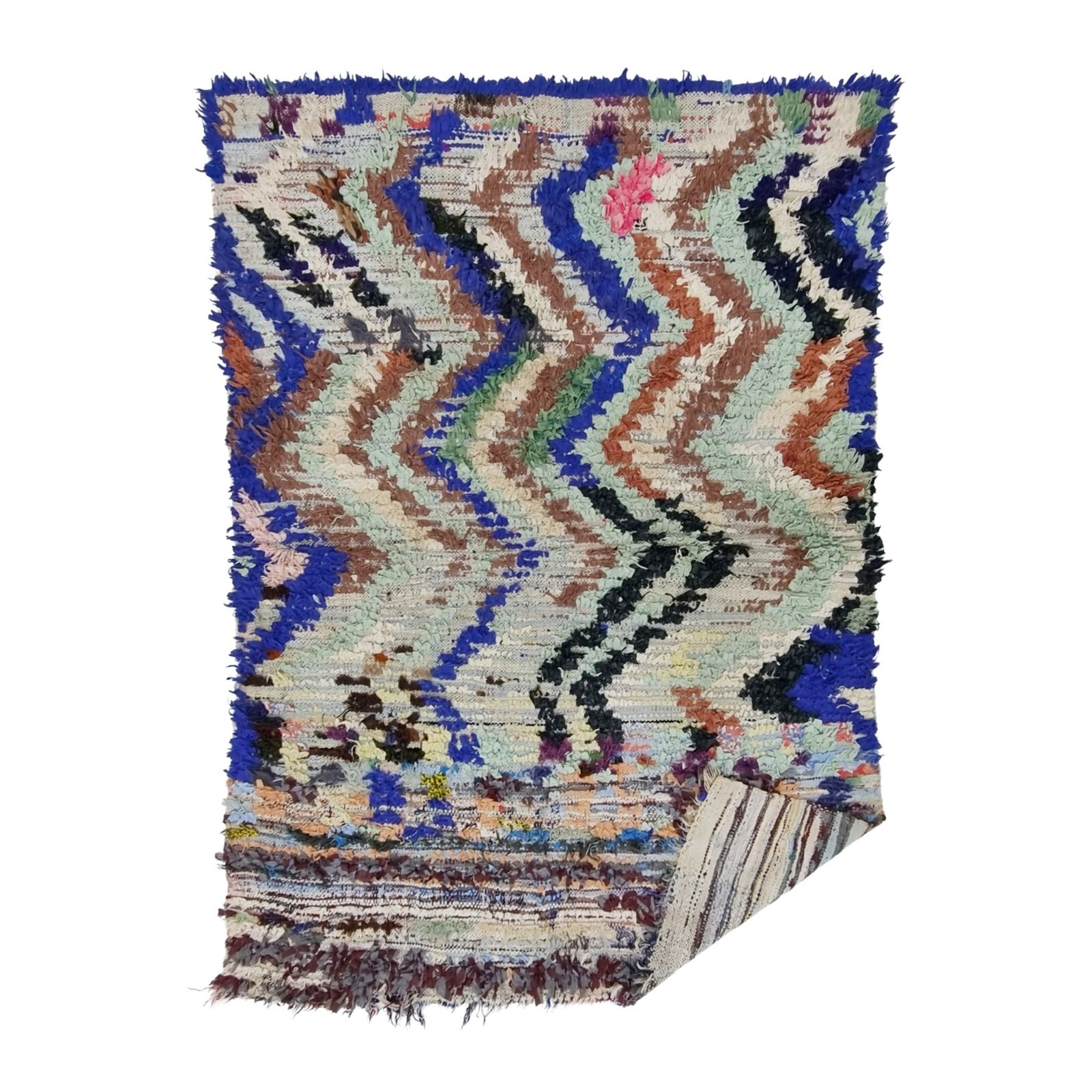 Moroccan Handmade Boucherouite 3’7”x5’5” Berber ZigZag Blue Cotton Carpet