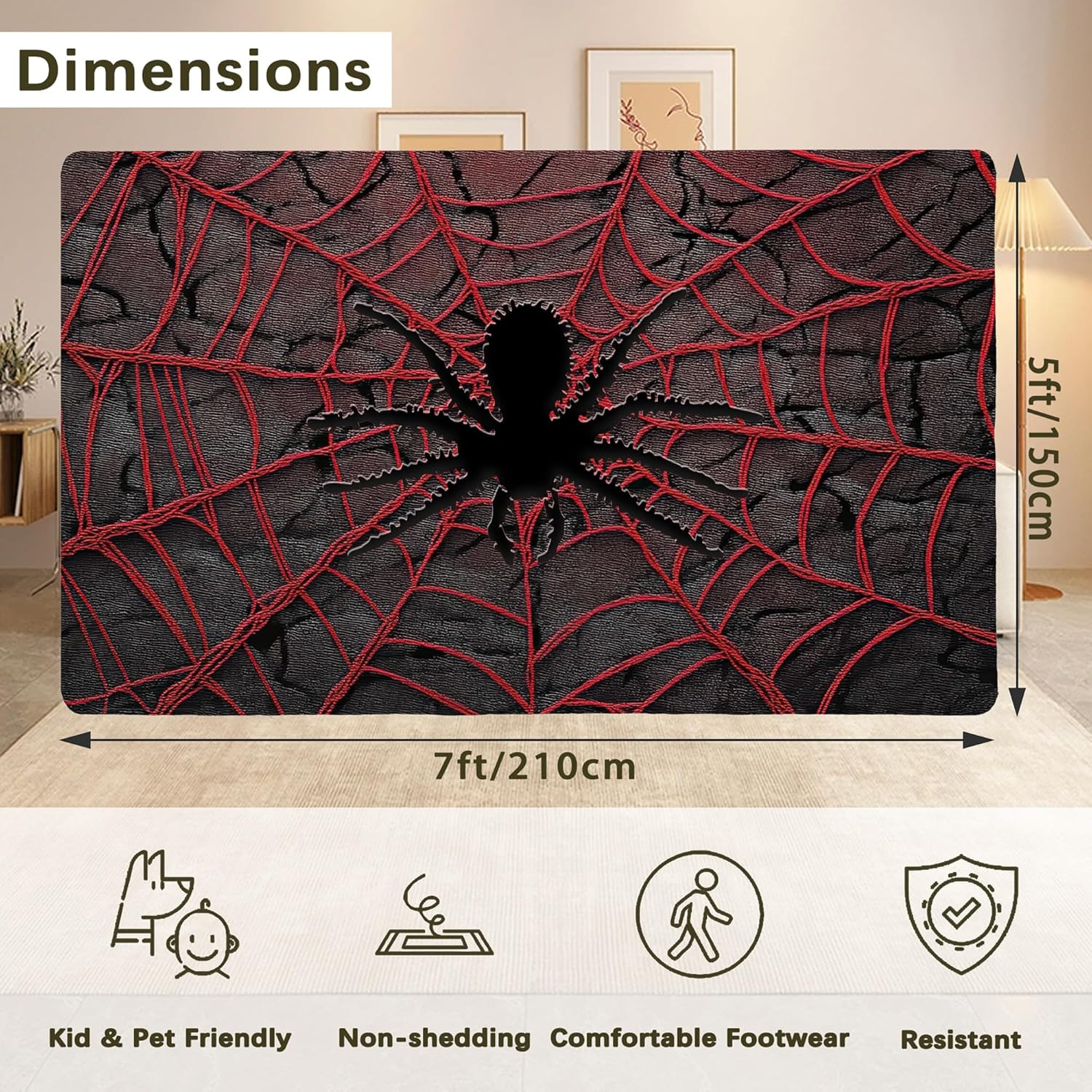 Stylish Red Spider Washable Area Rug – Non-Slip Low Profile Design