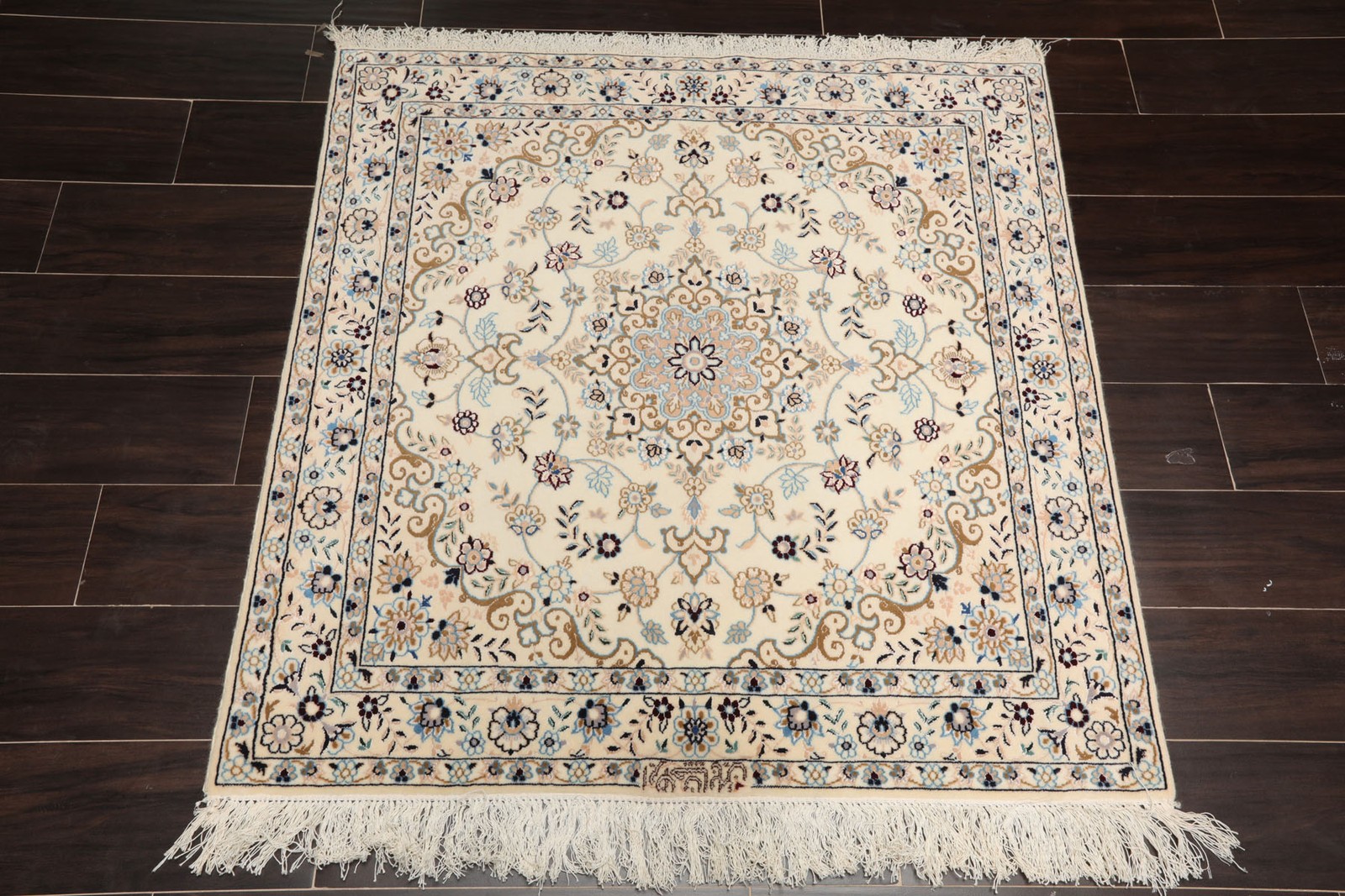 3’5”x3’5” Square Hand Knotted Wool & Silk Ivory Nainn 400 KPSI Area Rug