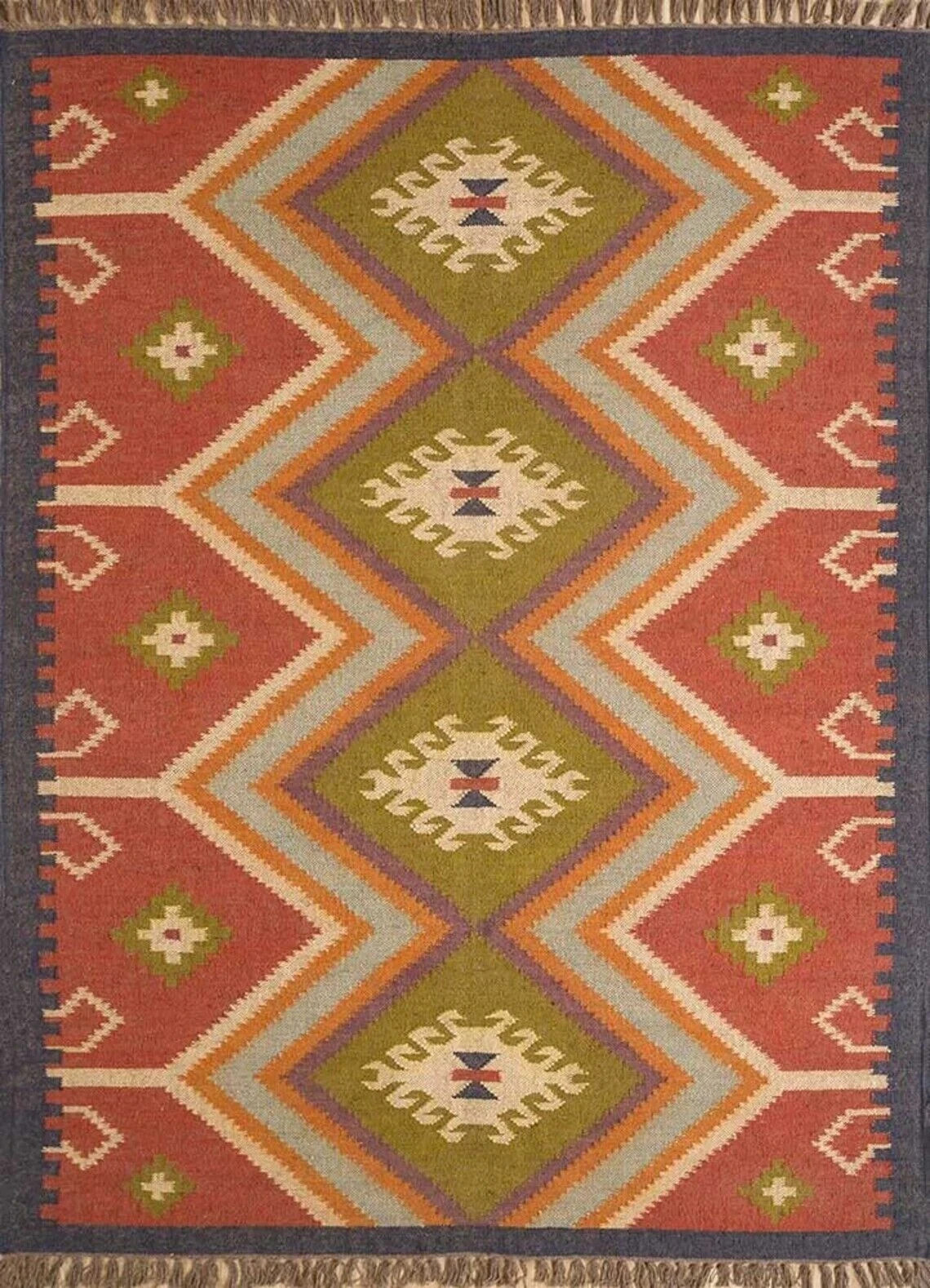 Handmade Jute Wool Kilim Area Rug Boho Tribal Geometric Area Carpet Floor Mat