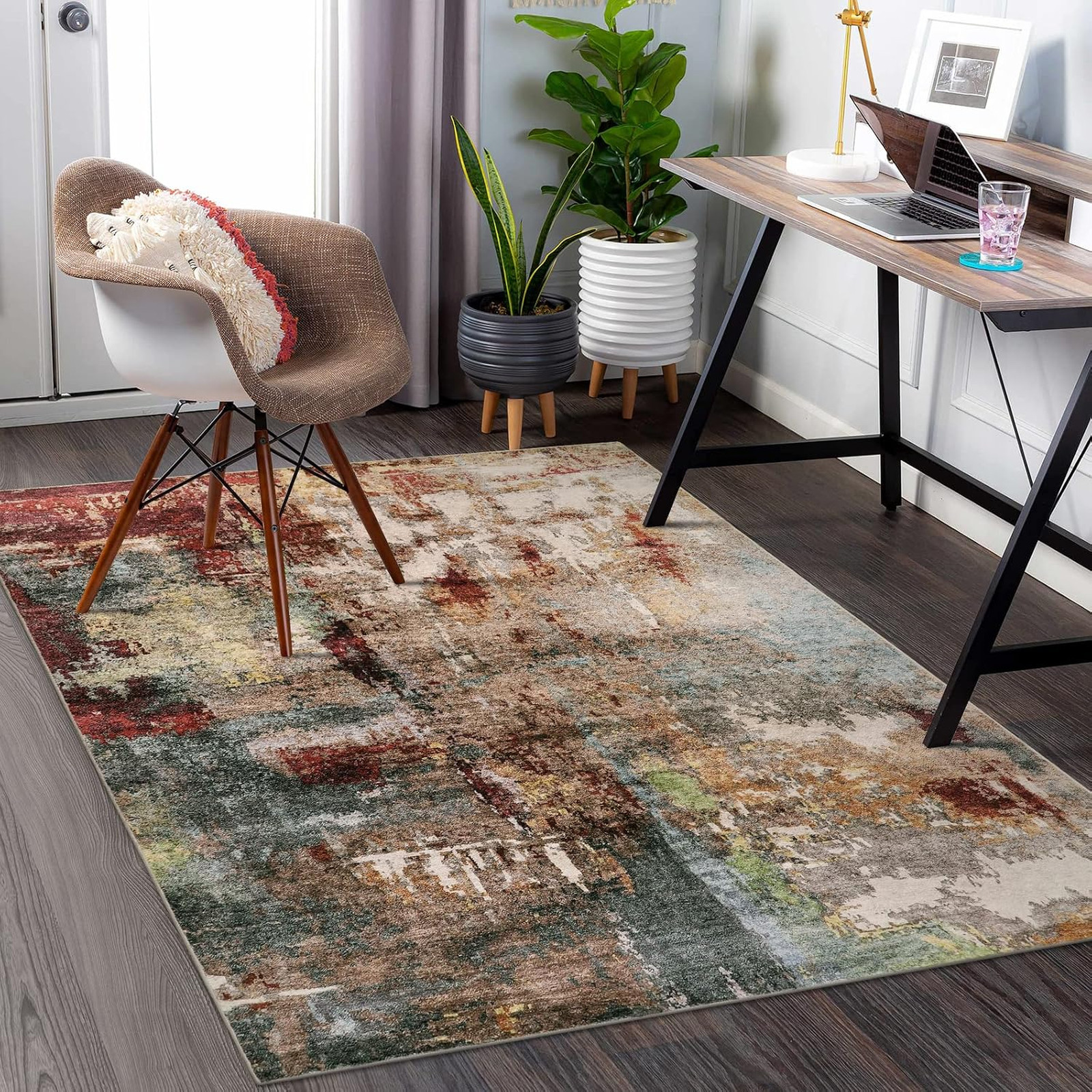 Abstract Area Rug 5×7 Inches Faux Wool Non Slip Washable Modern Living Room
