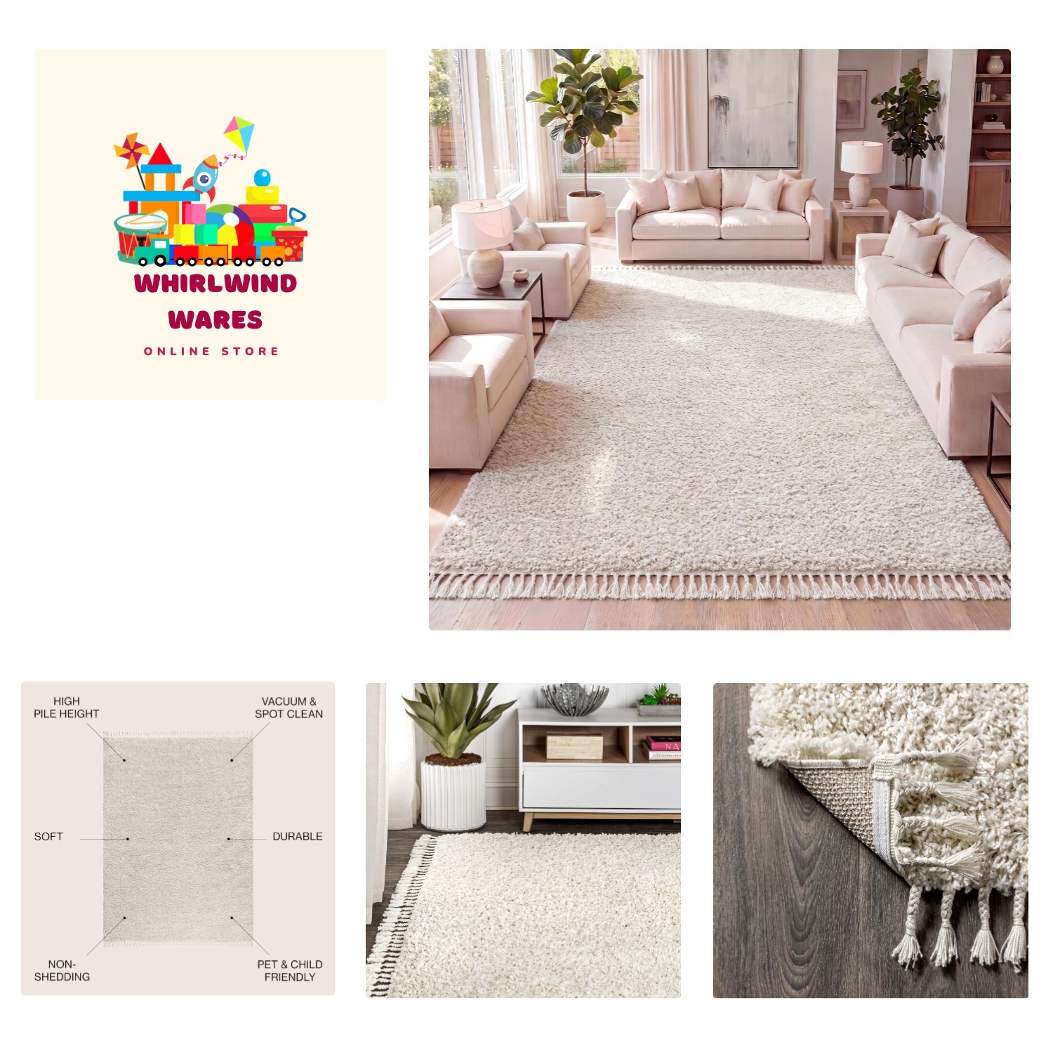 Water-Resistant Mercer Shag Rug, 3’1″ x 5′ – Soft Cream Ideal for Living Room