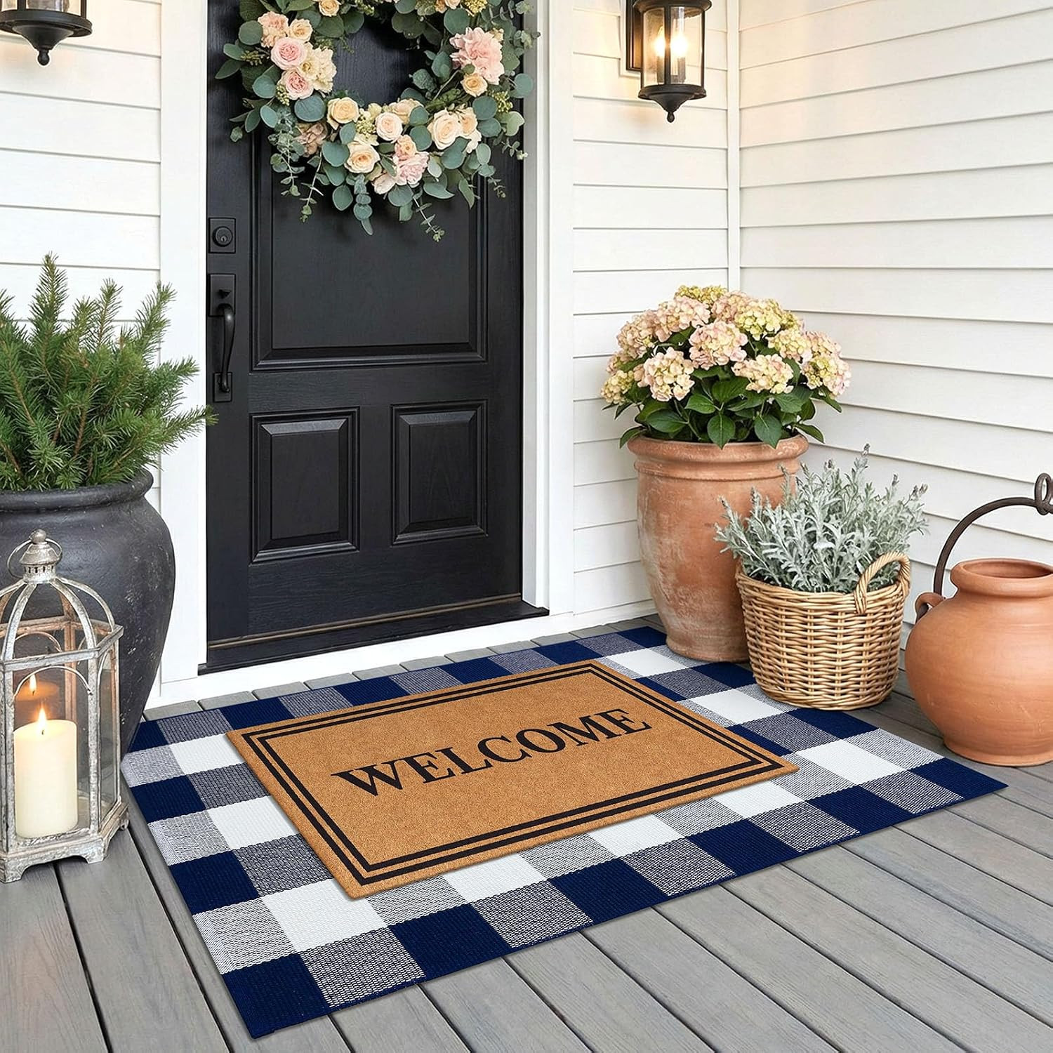 Buffalo Plaid Area Rugs 2.3X3.6 Ft Blue and White Rug Washable Front Door Mat Wo