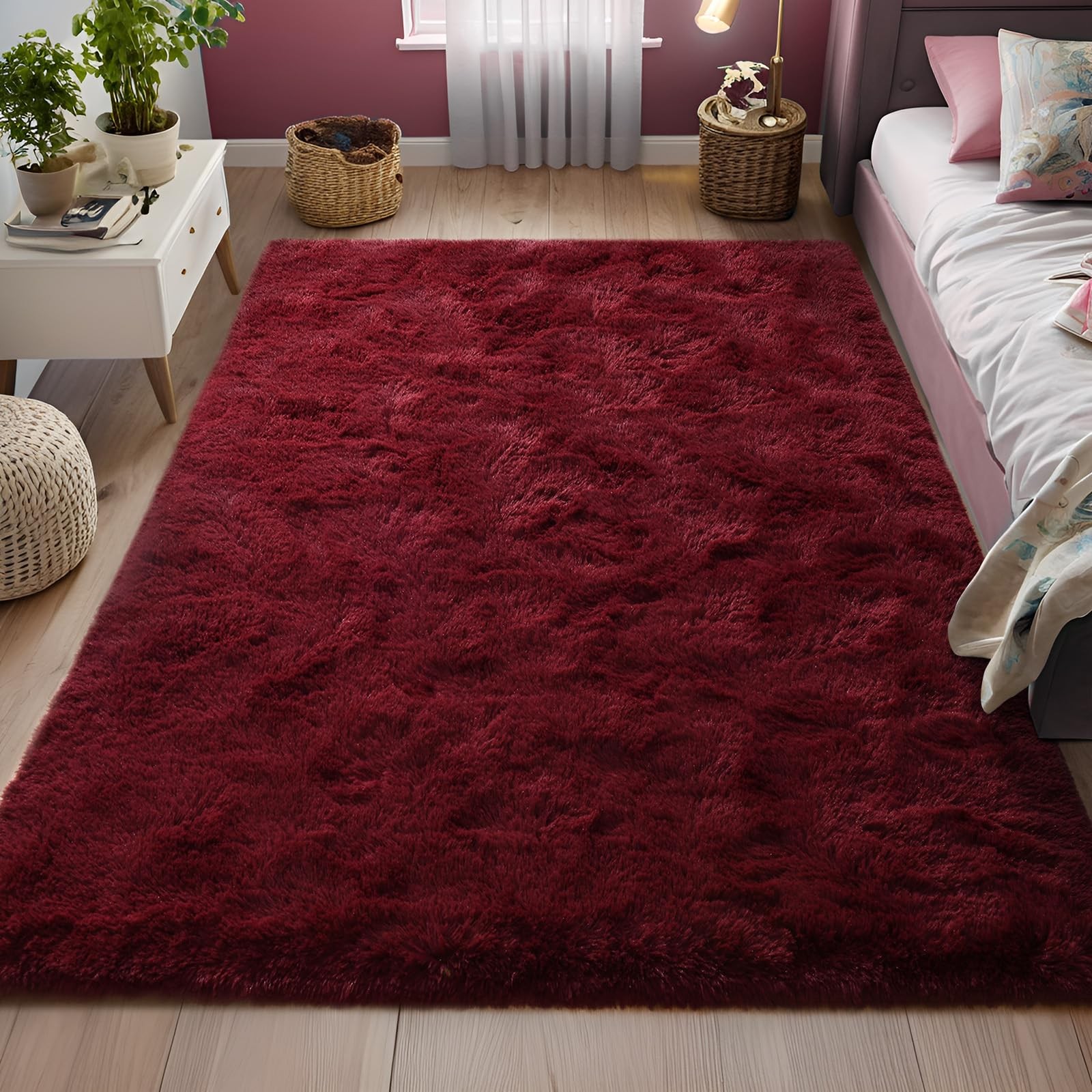 Fluffy Burgundy Red Rugs for Bedroom, 4×6 Feet Dark Red Area Rug for Living R…