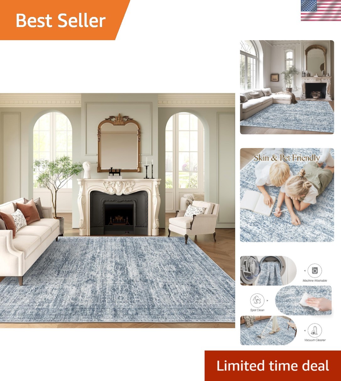 Luxurious Washable 8×10 Blue Area Rug – Vintage Non-Slip Style for Home Decor