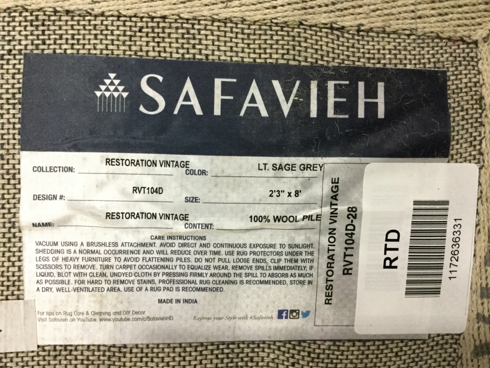 LIGHT SAGE / GREY 2′-3″ X 8′ Flaw in Rug, Reduced Price 1172636331 RVT104D-28