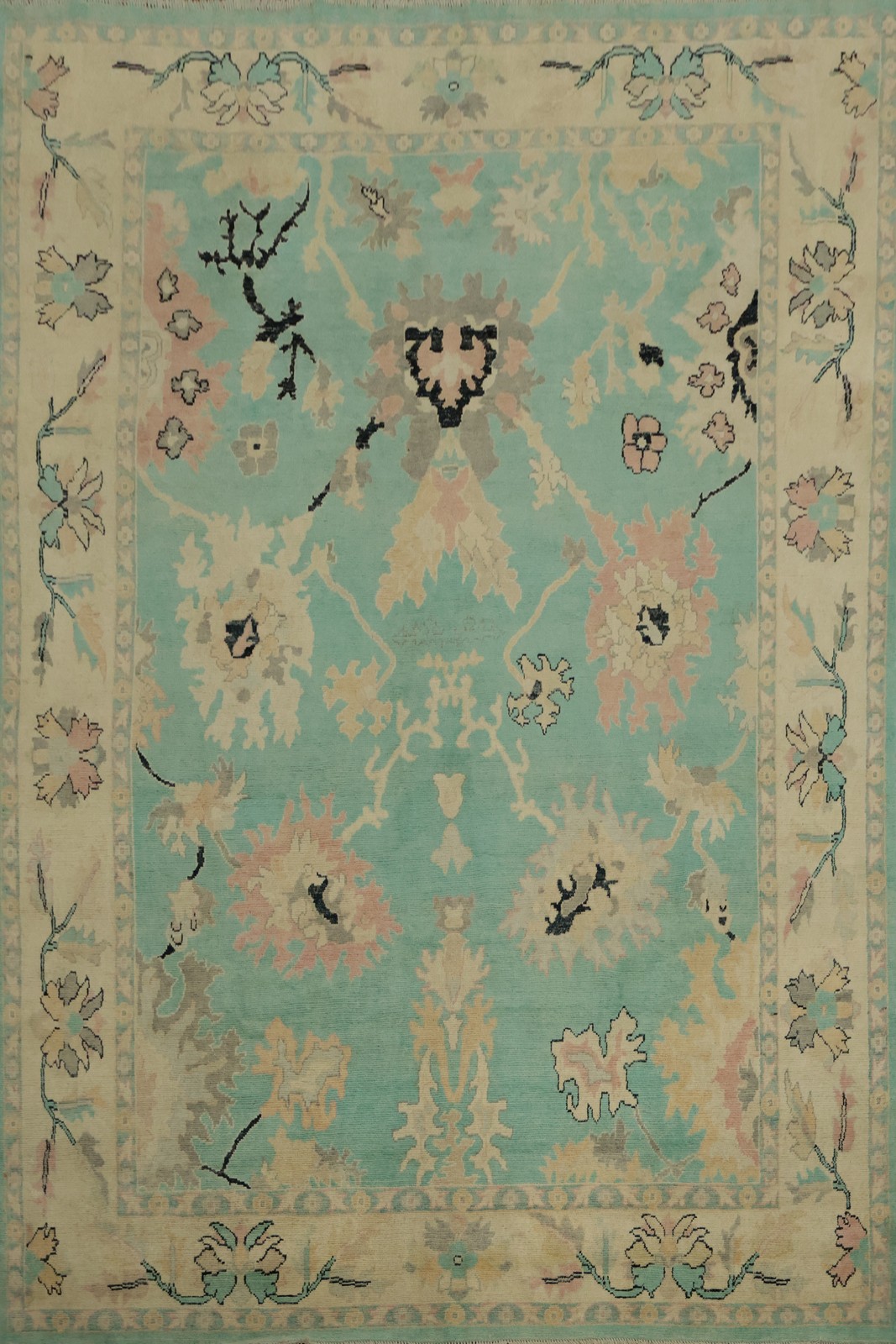Turquoise Floral Oushak Area Rug 9×11 Ft Hand-Knotted Transitional Oriental Rug