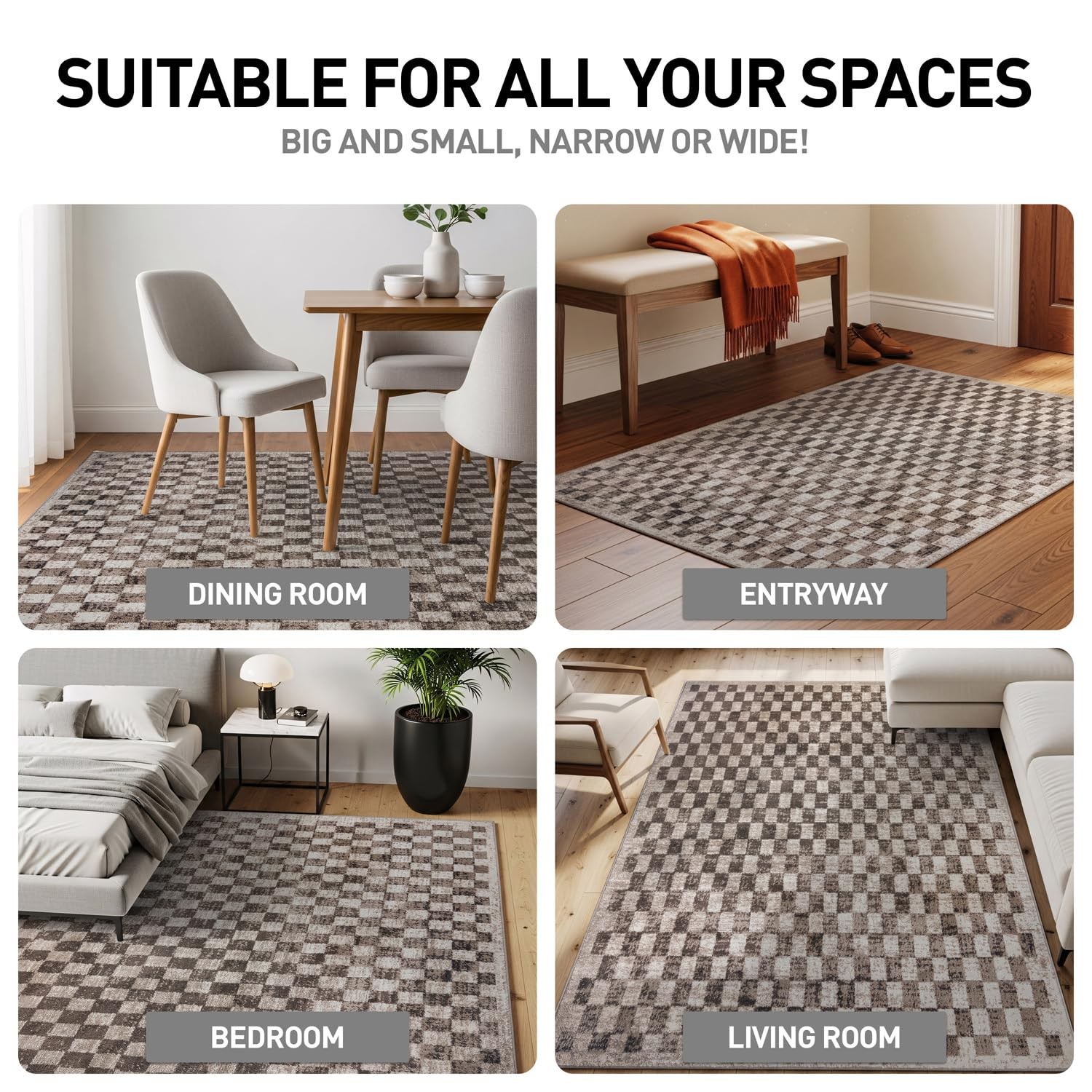Beige Checkered Area Rug – Textured Grid Pattern Carpet for Living Room, Bedr…