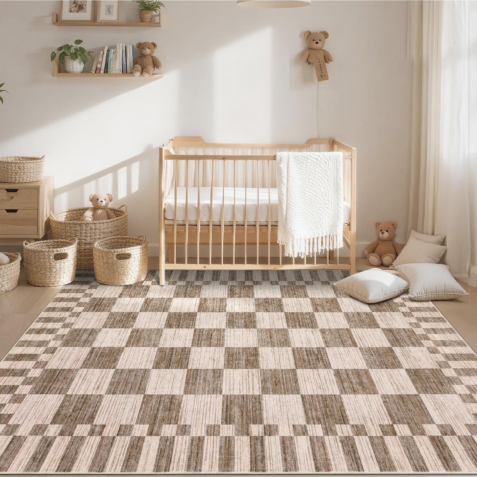8×10 Area Rug Machine Washable Modern Brown Checkered Non-Slip – Living Room