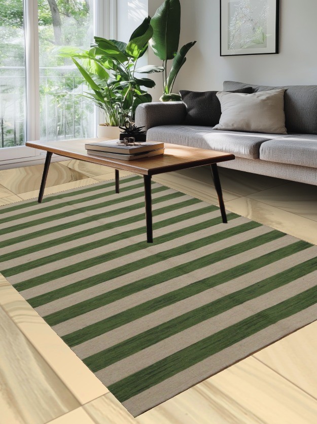 Chic Green/ Ivory Striped Area Rug 5×8 Hand-knotted Wool Modern Style Carpet