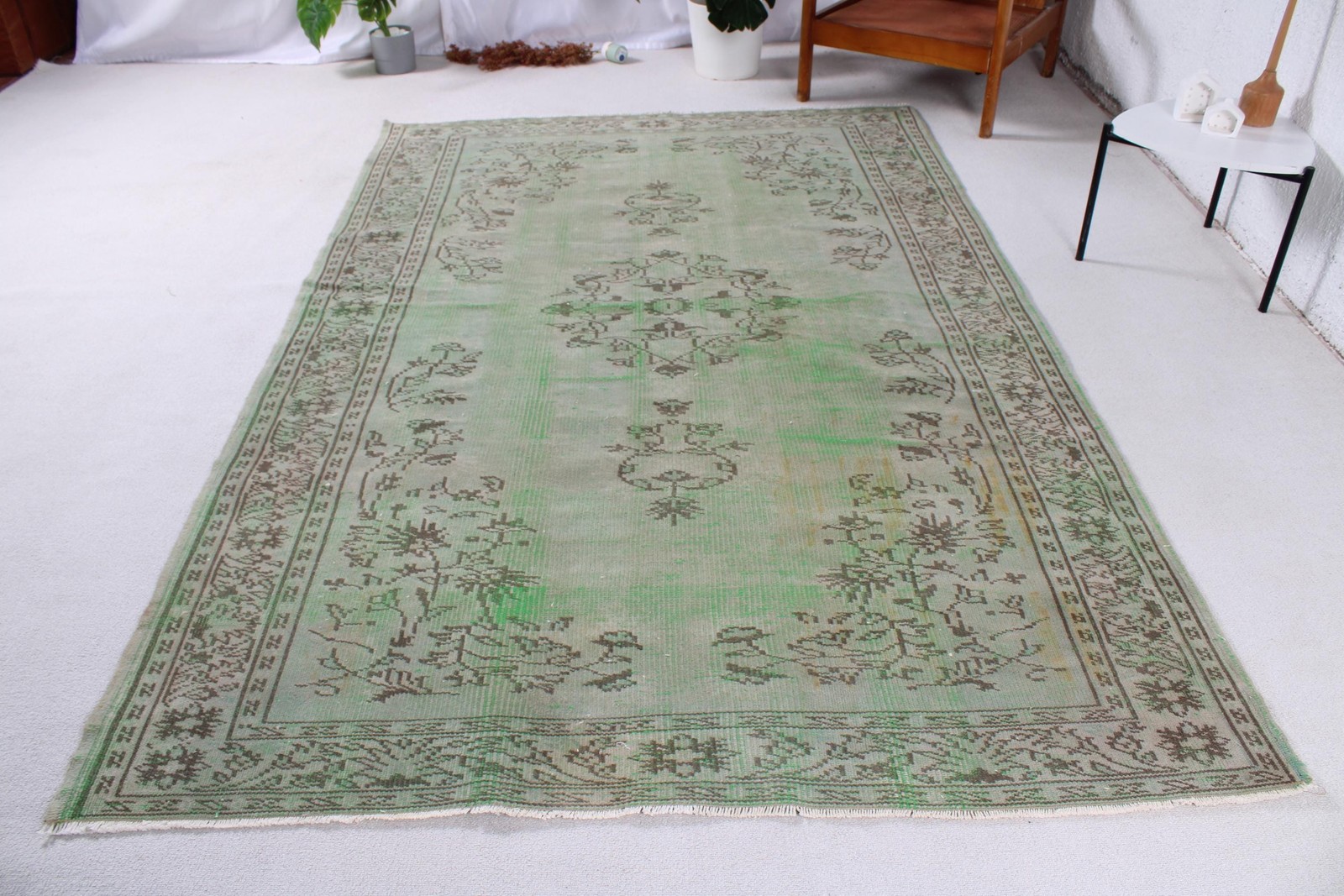 5,7×8,7 ft Rug, Vintage Rug, Turkish Green Wool Polka dot Rug