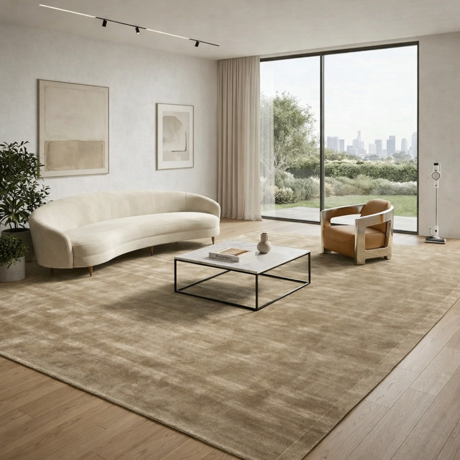 Luxury Solid Beige Viscose Area Rug Hand Woven Modern Bedroom Living Room Rug