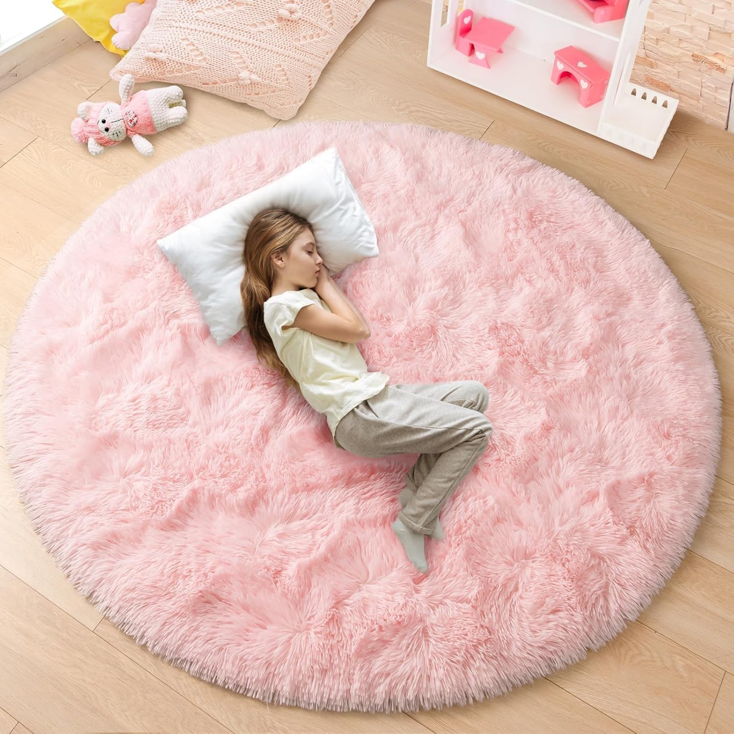 Round Rugs 4×4 Feet Fluffy Soft Area Rug for Kids Girls Room Plush Shaggy Carpet