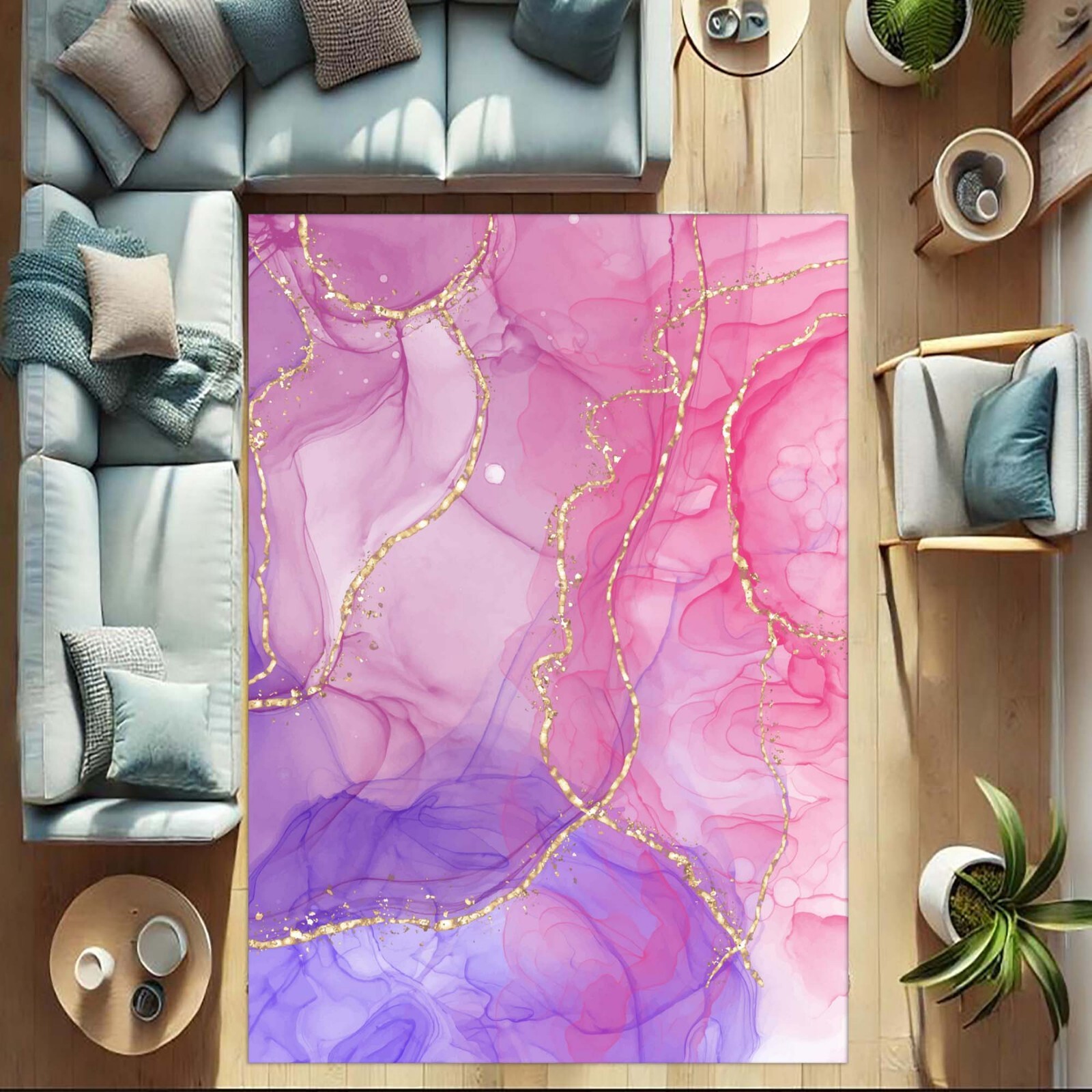 Pink Purple Marble Rug, Gold Vein Abstract Carpet, Modern Glam Room Decor