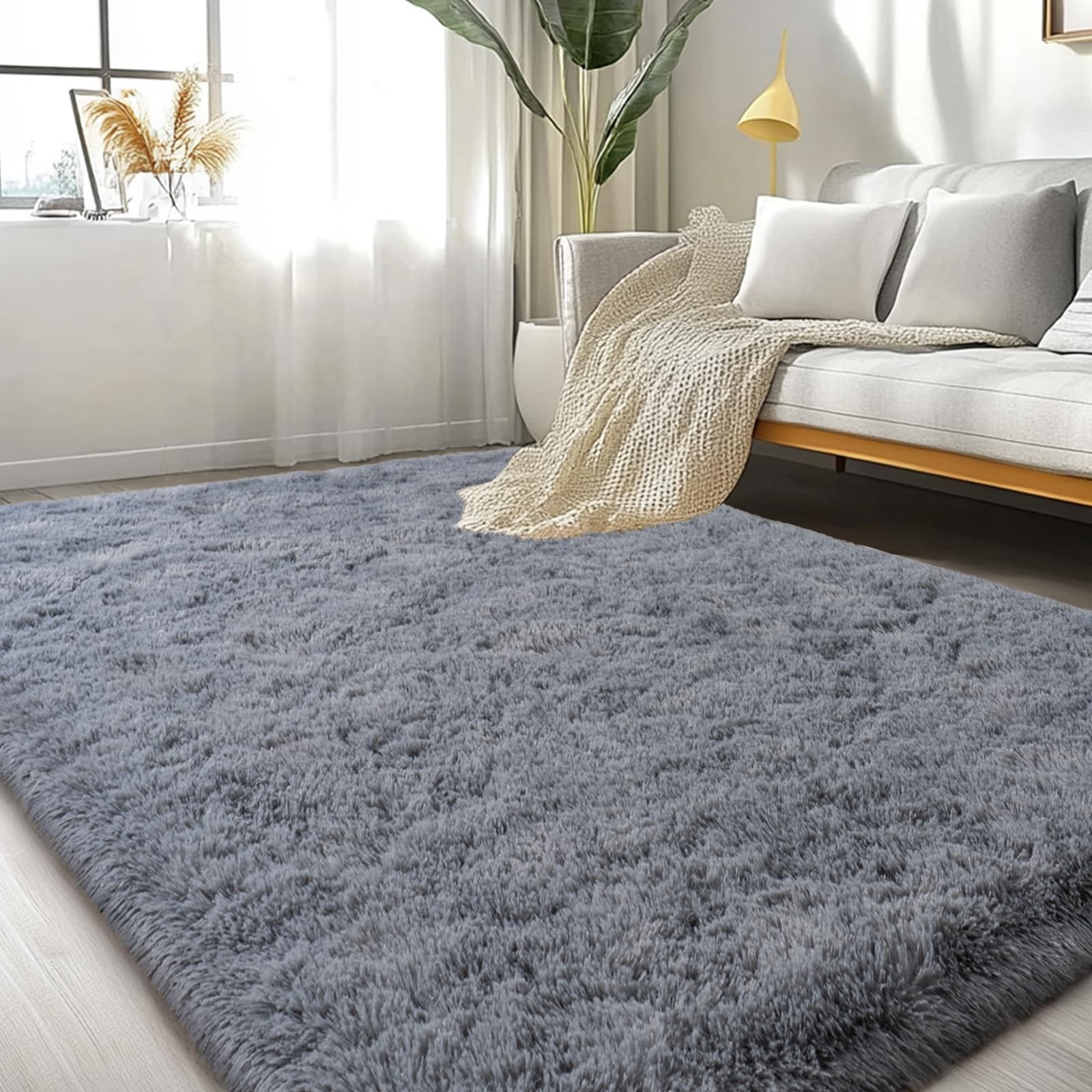 Lairep Large Area Rugs for Living Room Bedroom, 6×9 Feet Grey Fluffy Shag Rugs,