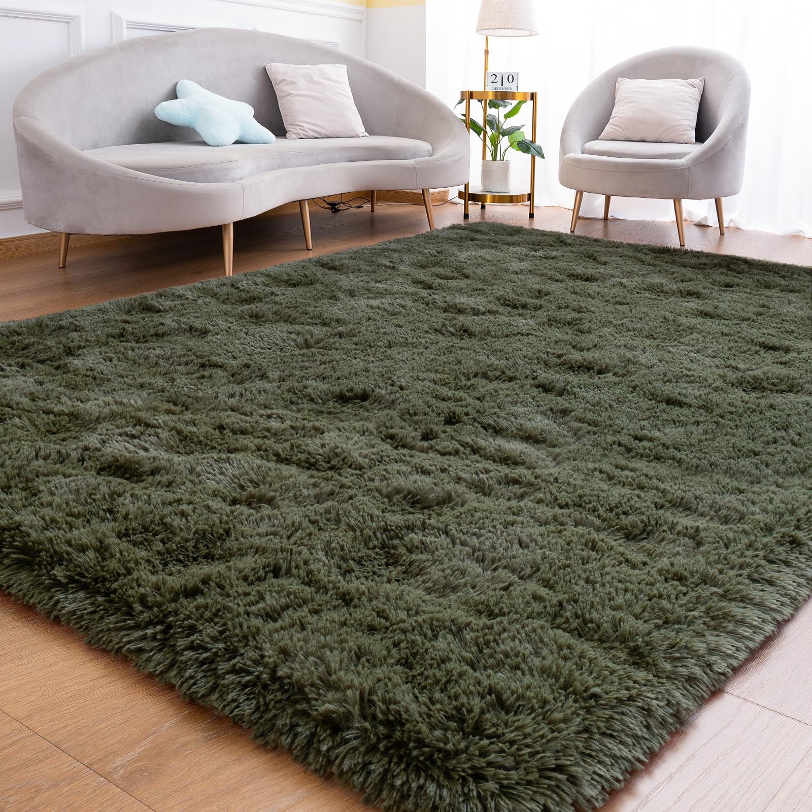 Fluffy Rug for Bedroom Living Room, 5×7 Olive Green Area Rugs, Faux Fur Shag …