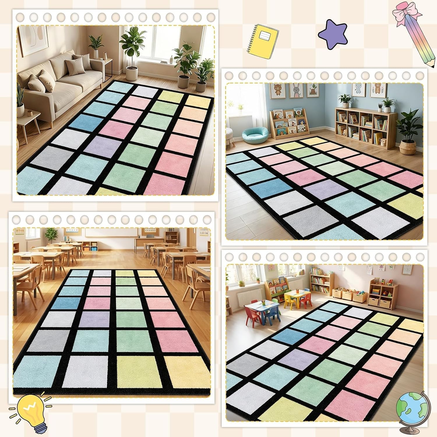 7.6×12 ft Large Pastel Color Squares Classroom Rug Colorful Educational Area Mat