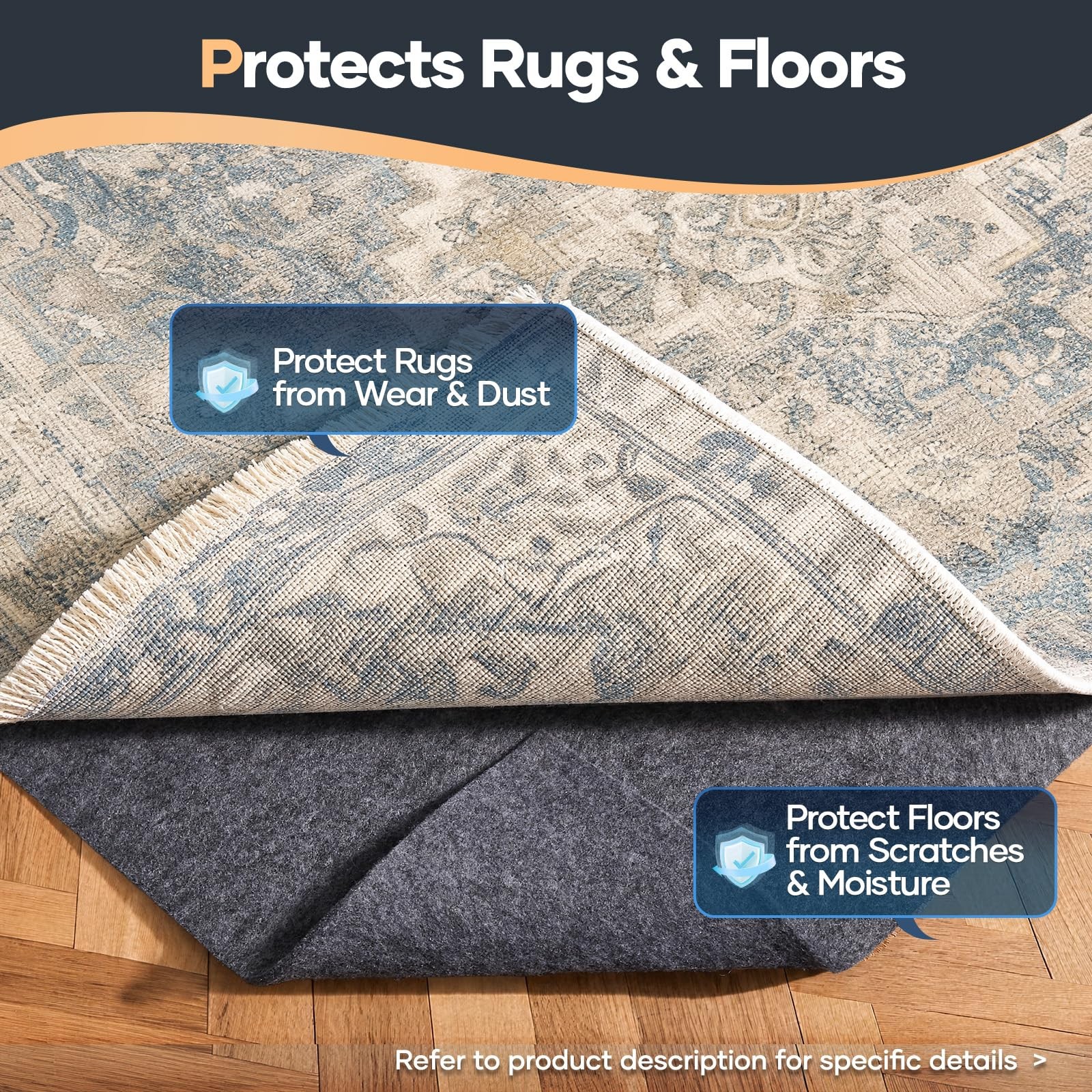 Veken Felt Cushioned Rug Pad 8 x 10 Ft, 1/2 Inch 8′ x 10′(Rectangular), Grey