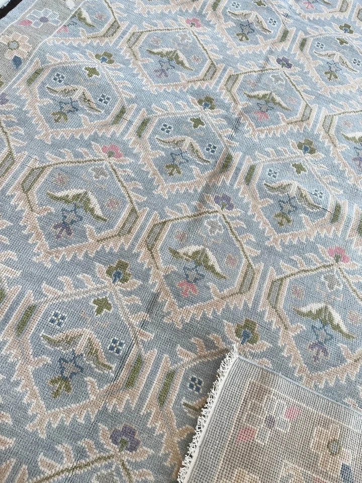Hand Knotted Oushak Wool Rug Muted Blue Geometric Lattice Pastel Area Rug Carpet