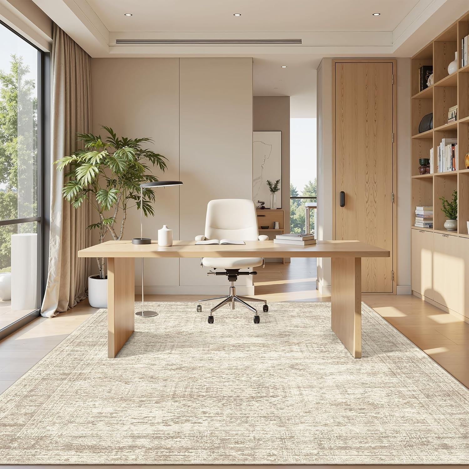 Pet-Friendly 5×7 Low Pile Area Rug – Elegant Beige Geometric Design