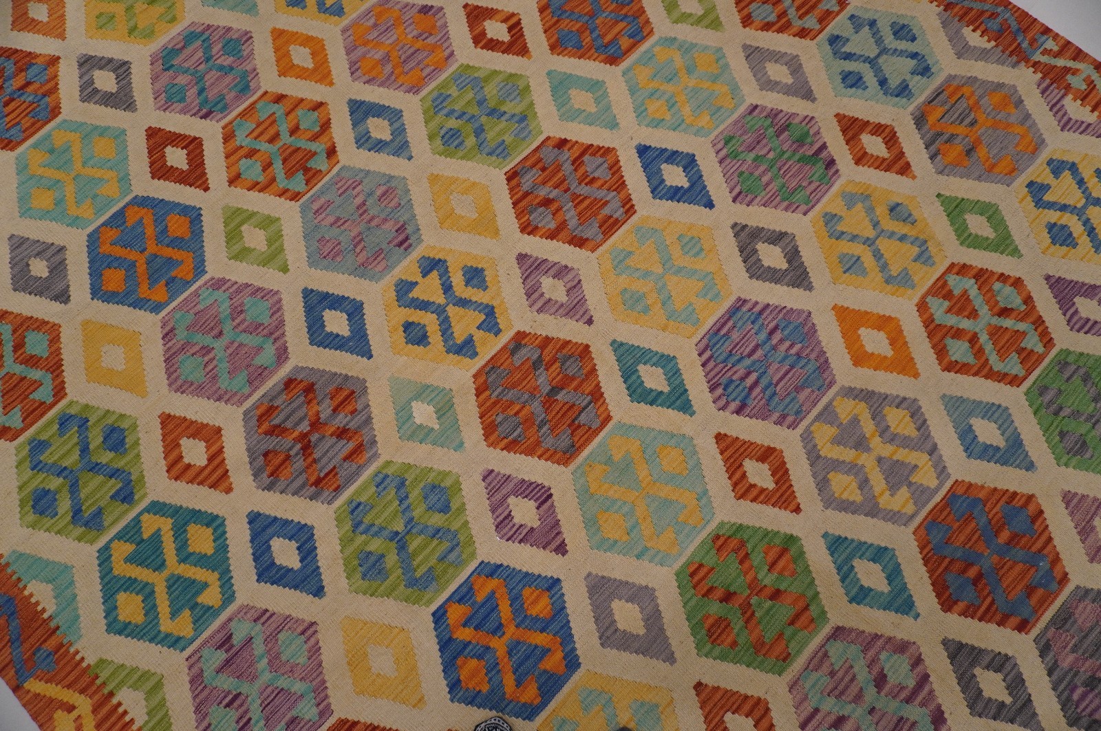 8×11 ft Beige Afghan Handmade Geometric Wool Kilim Area Rug (8’2″x11’6″)