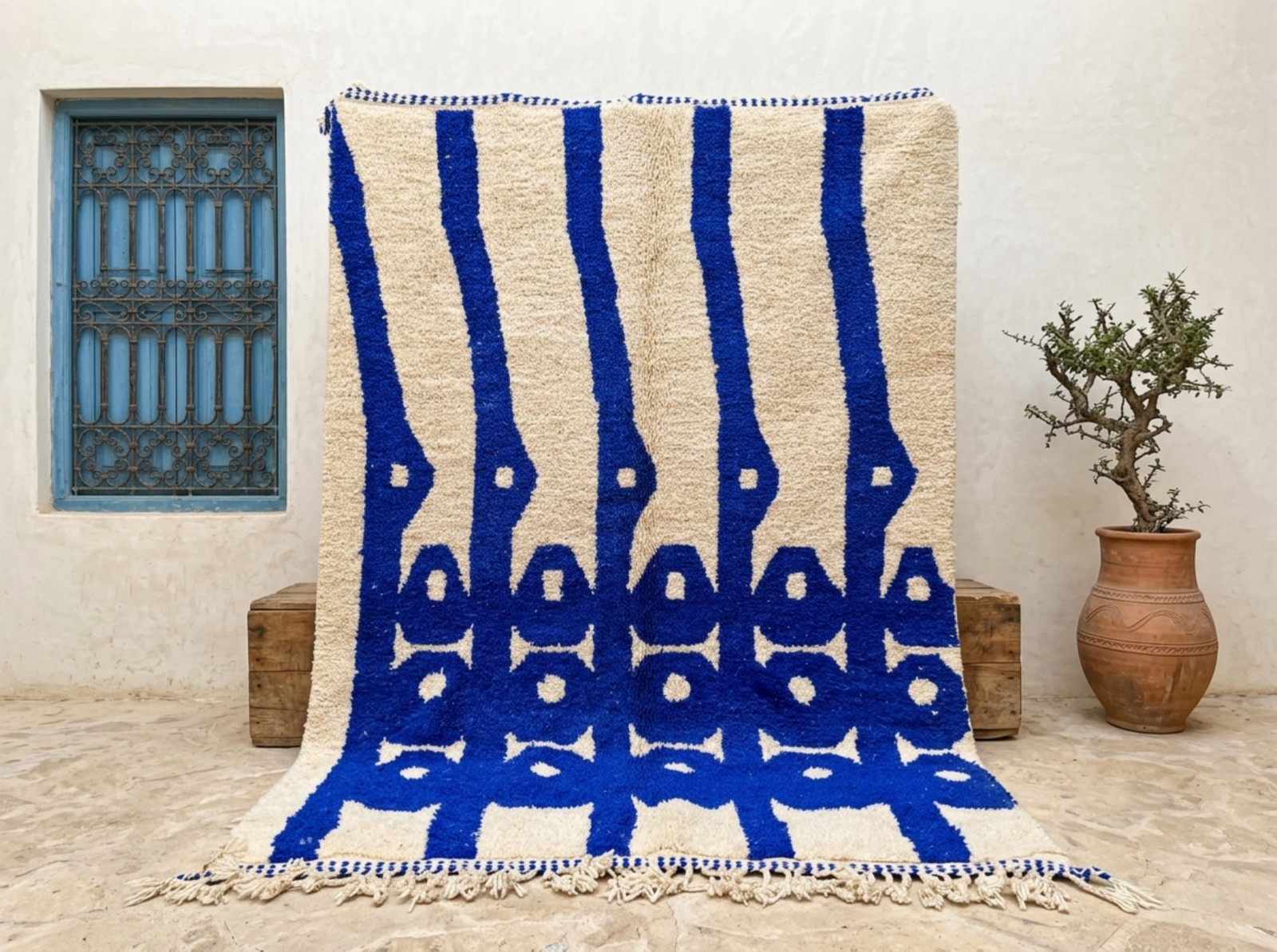 Moroccan Beni Ourain Wool Rug Handmade Blue Ivory Boho Berber Carpet Custom Size