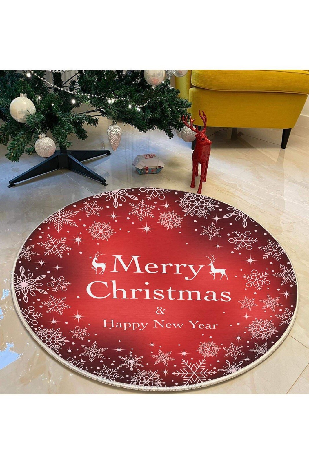 Round Merry Christmas Themed Carpet Happy New Year Theme Rug