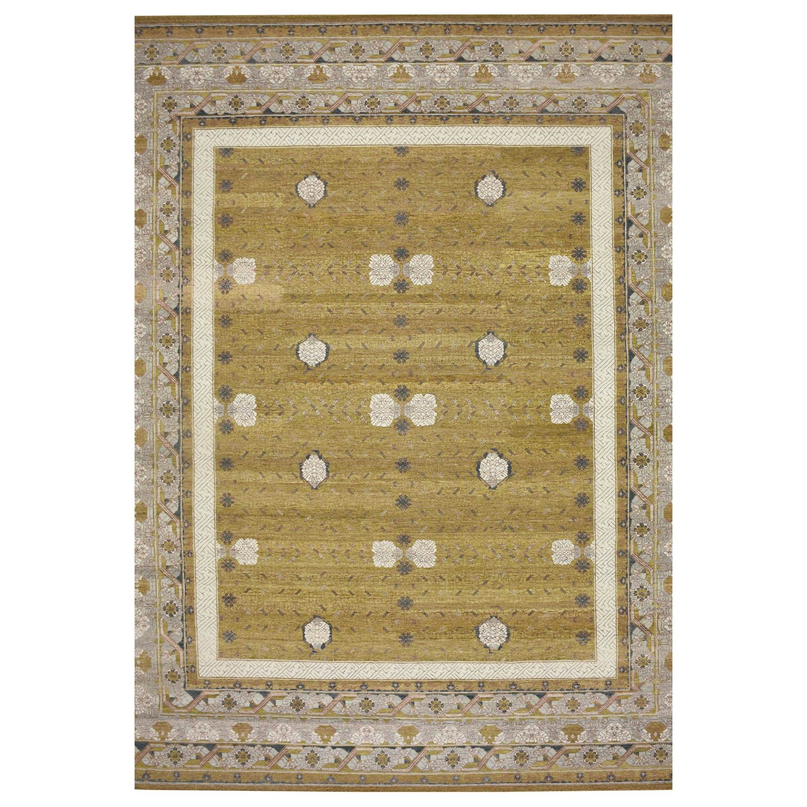 12’1″x15’2″ Golden Yellow Pinecone Design Hand Knotted Pure Wool XL Rug R75721