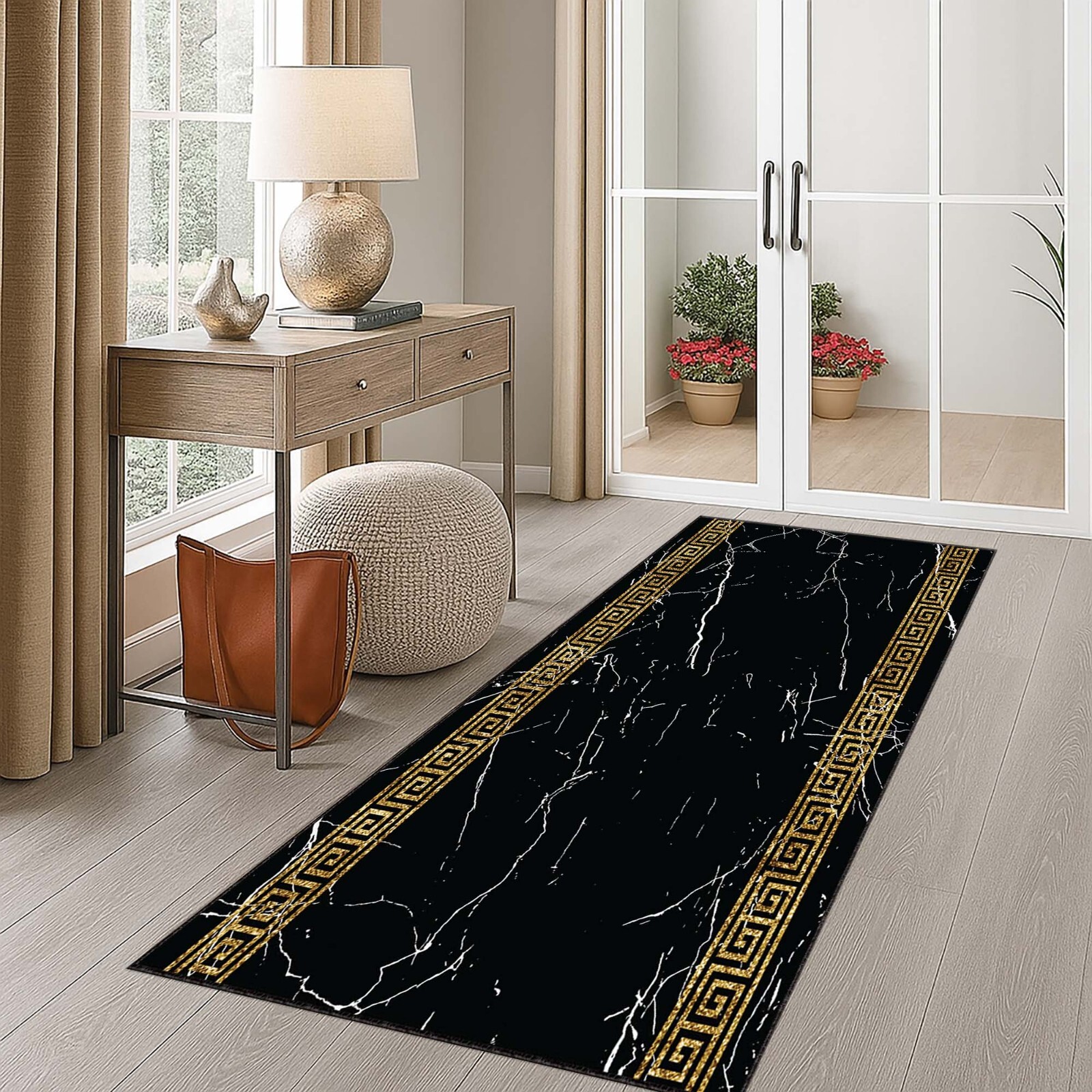Kitchen Greek Key Runner, Marble Hallway Mat, Elegant Floor Decor, Luxury Entry