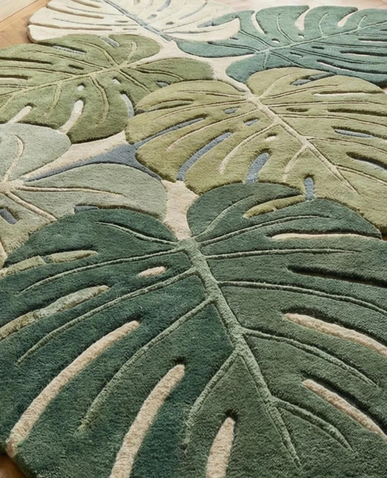 Hand Tufted Monstera Leaf Rug, Botanical Green Area Rug, Tropical Leaf Carpet,