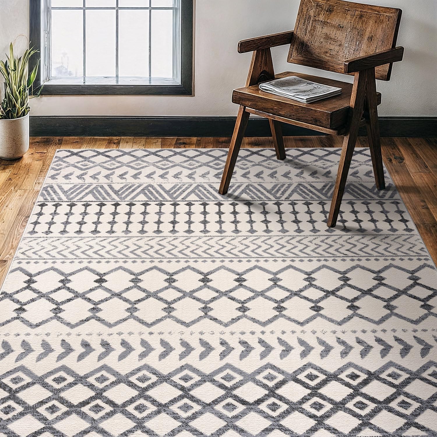 Boho Moroccan Gray Rug Geometric Diamond 6×9 Area Rugs for Living Room Bedroo…