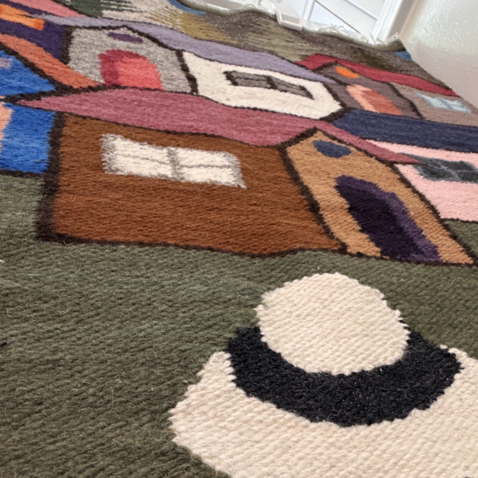 Handwoven Peruvian or Ecuadorian Rug w/ Fringe, Green Multicolor 24×32″